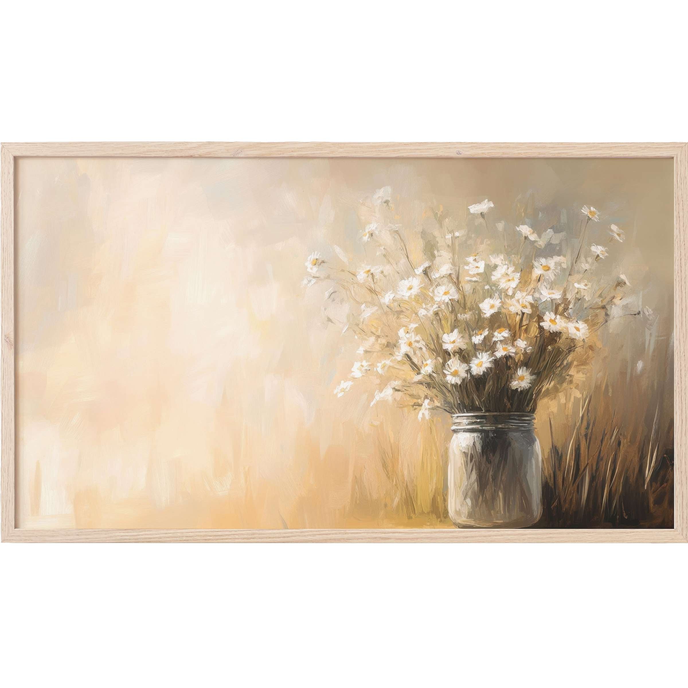 Farmhouse Frame TV Art with soft beige tones, delicate white flowers in a rustic jar, elegant modern farmhouse style
