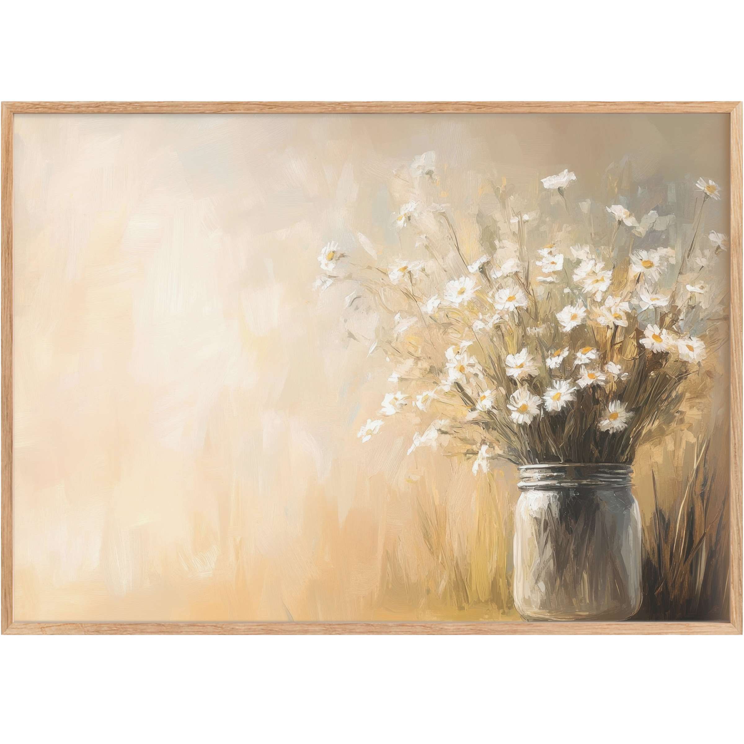 Elegant farmhouse printable wall art featuring delicate daisies in soft creams and warm earth tones, evoking a serene, sunlit ambiance
