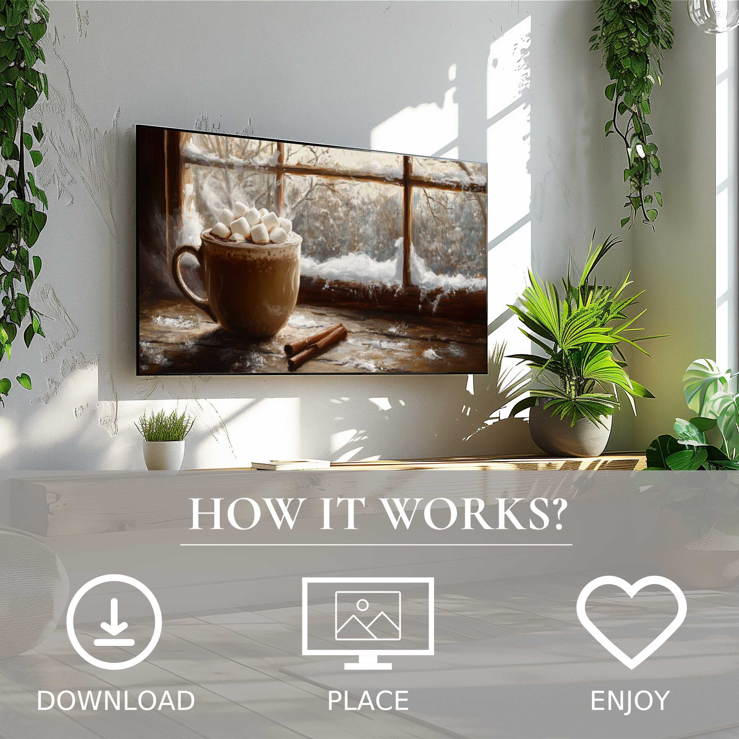 Christmas art for Samsung TV shows cozy cocoa by frosted window, easy digital download enriching any stylish living room