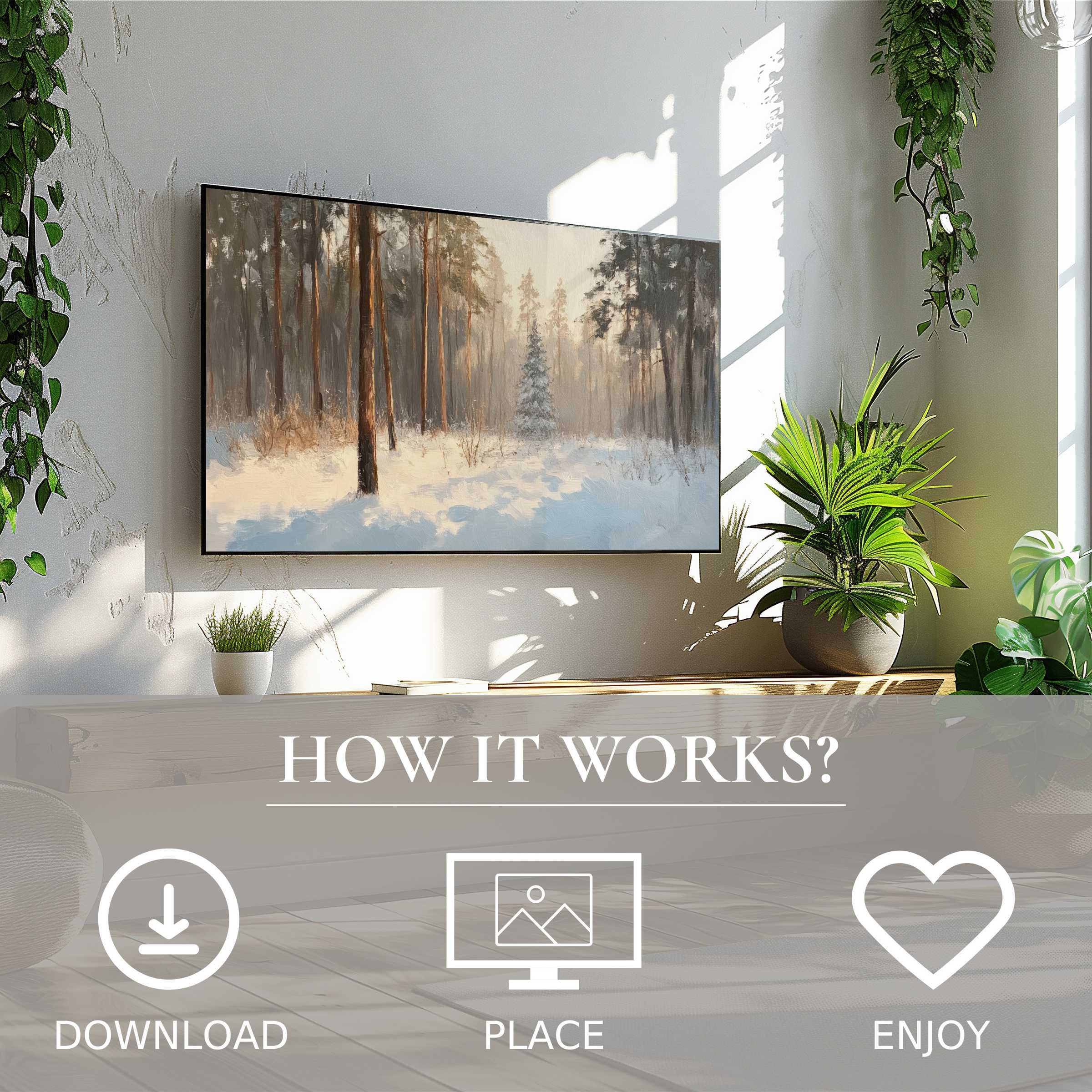 Winter art for Samsung TV shows a serene snowy forest motif, easy digital download enriching modern living spaces
