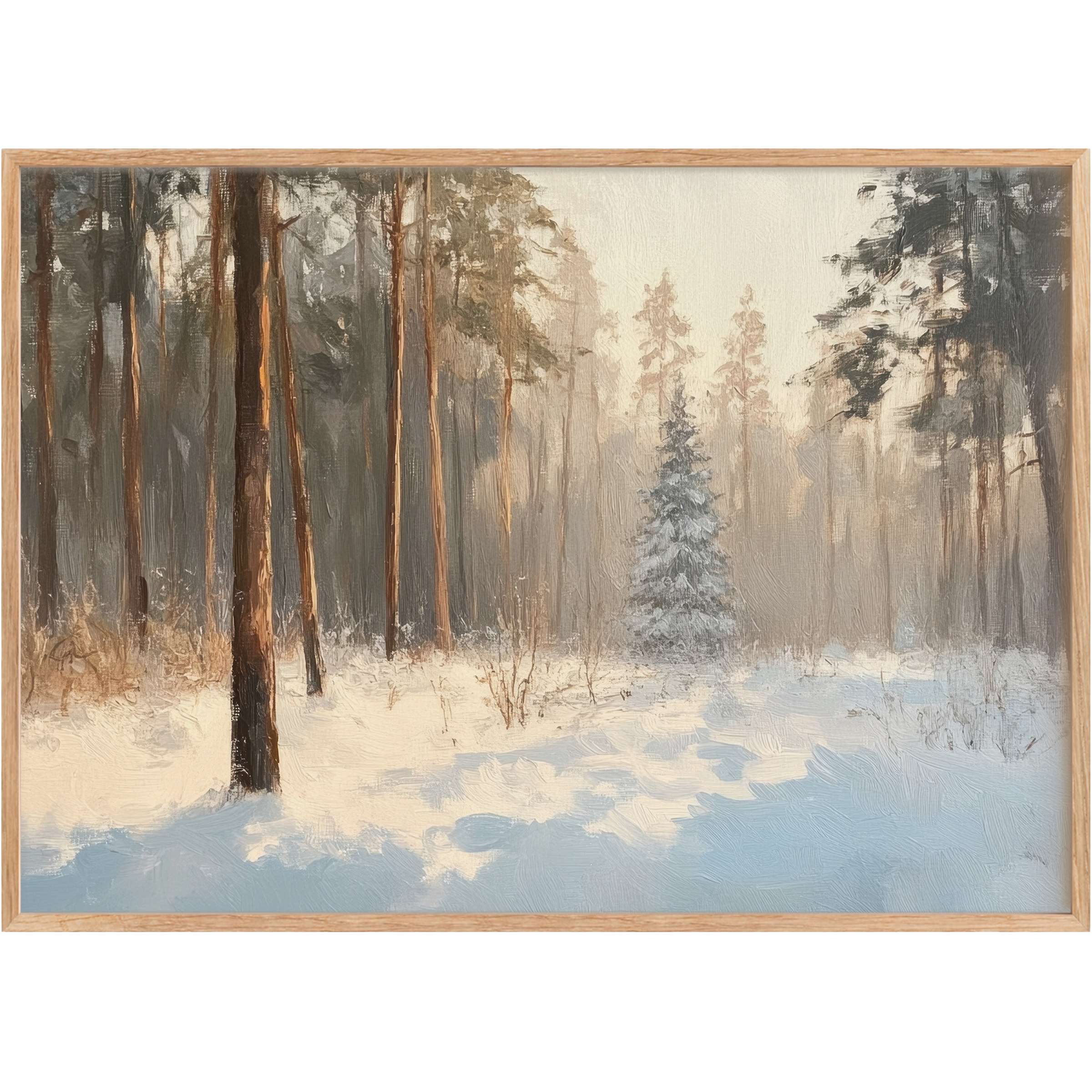 Winter printable wall art capturing a serene forest with soft blue shadows and warm golden light, evoking tranquil, elegant calm