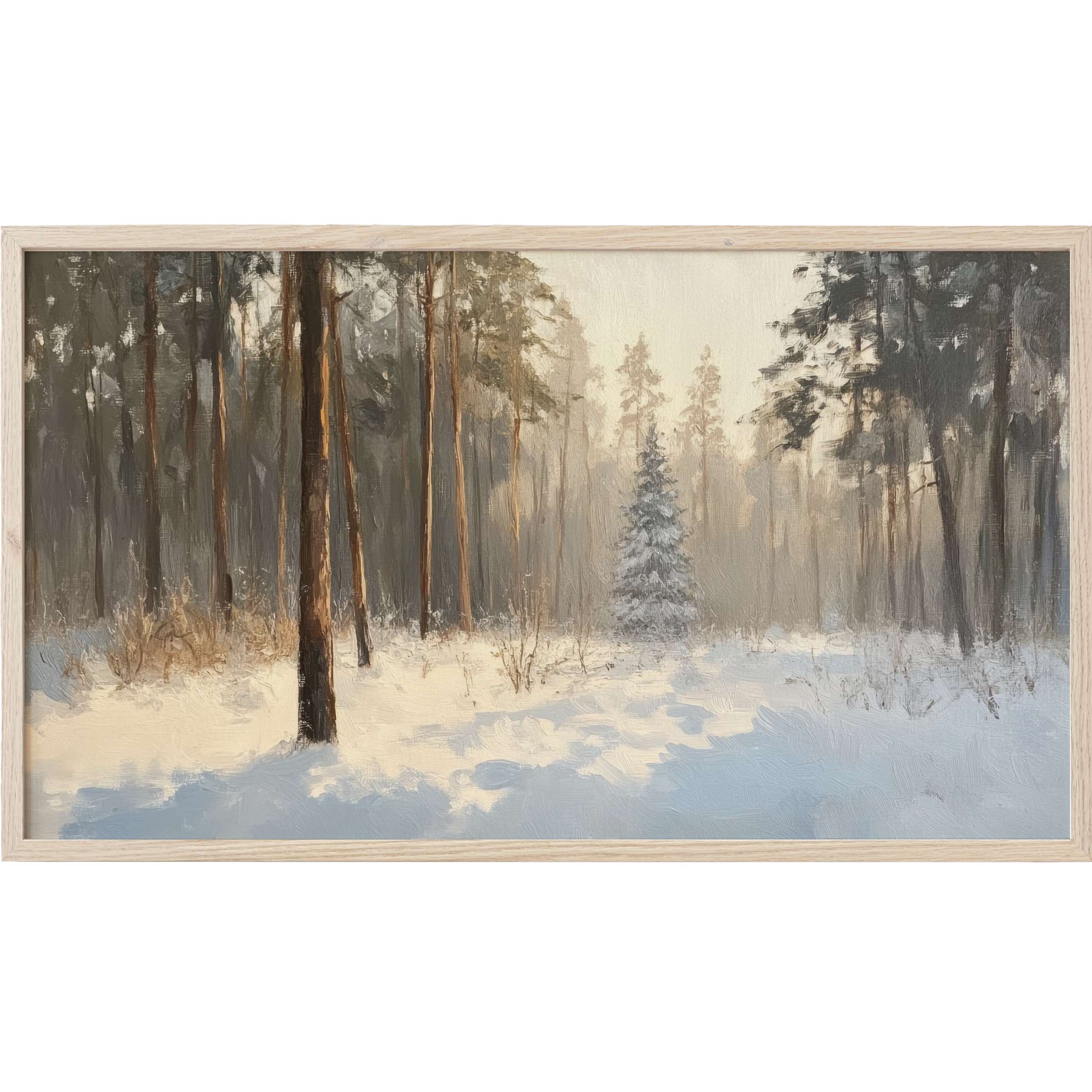 Serene snow-covered forest in muted grays and blues, soft light filters through trees, winter Frame TV Art