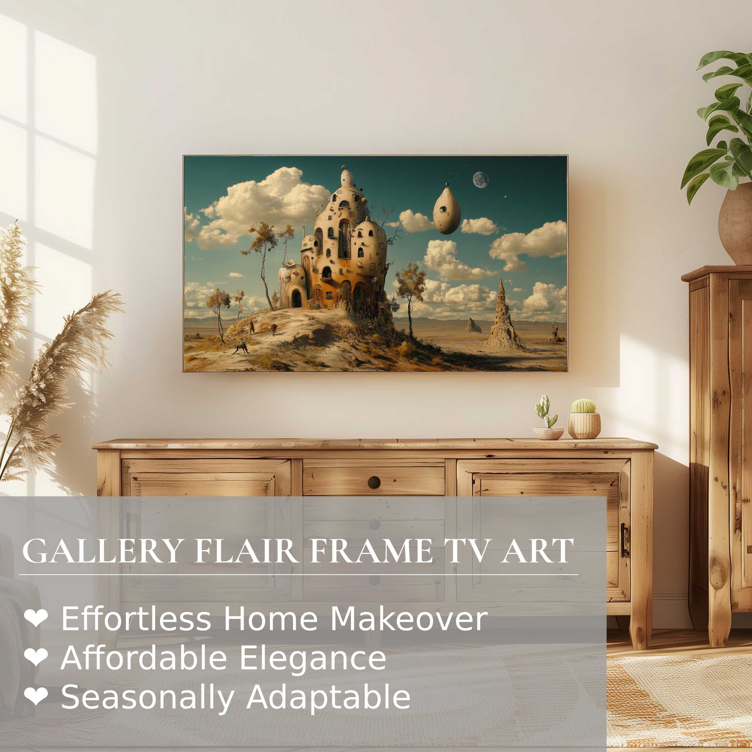 Samsung Frame TV displays surreal modern digital artwork in a sunlit room with rustic wooden furniture and plants