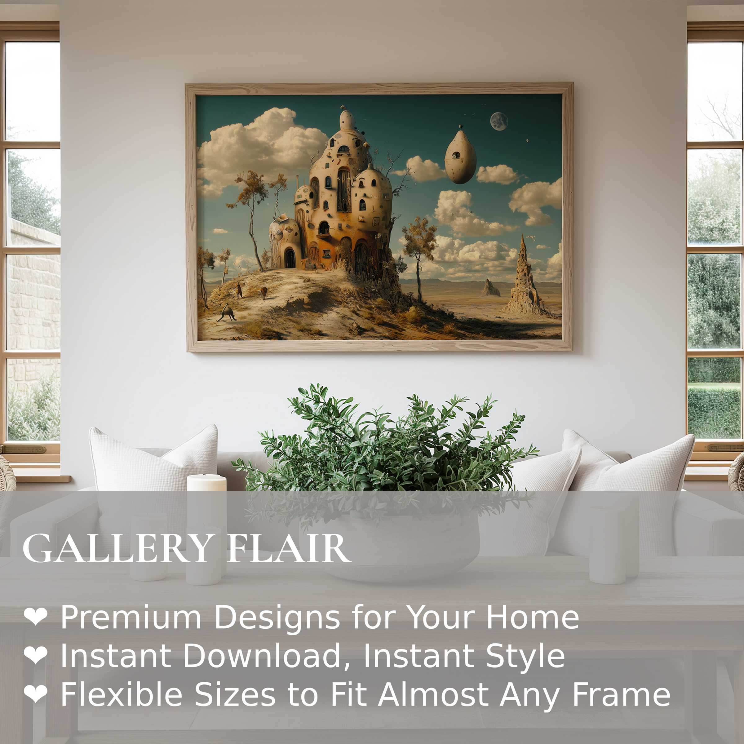 Surreal modern wall art print showcasing whimsical architecture against a moody sky, enhancing contemporary minimalist interiors with bold, imaginative elegance