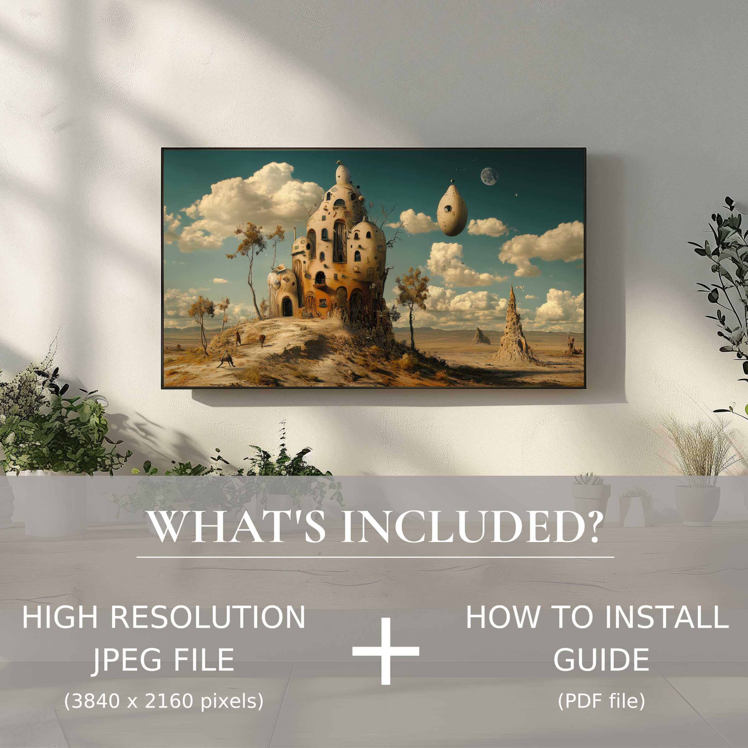 Elegant living room showcasing a modern digital TV art download, enhancing space with easy digital display charm