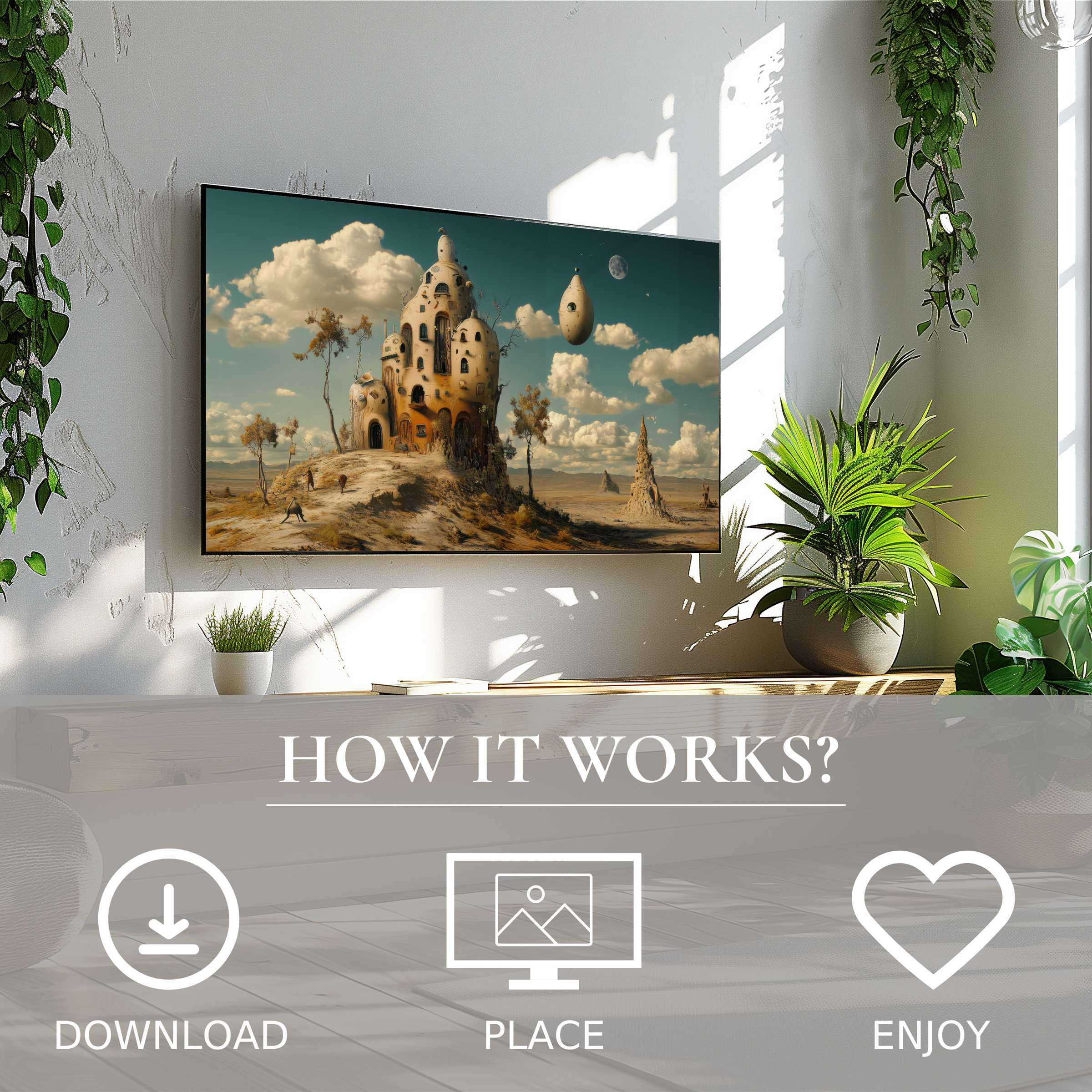Modern art for Samsung TV: surreal desert motif enriches bright space, easy digital download enhances stylish home decor