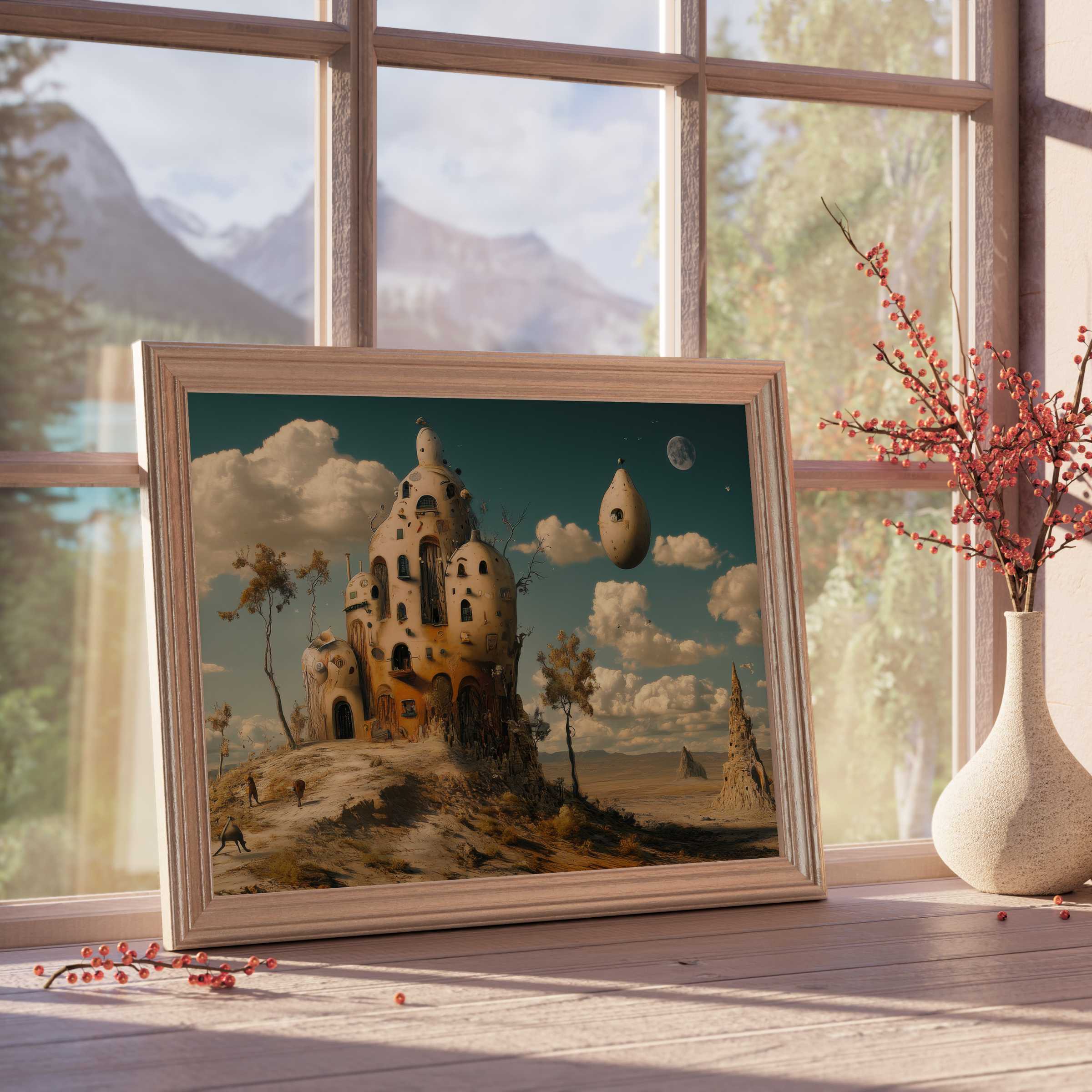 Surreal modern downloadable art of whimsical adobe homes under a moonlit sky, enriching tranquil, curated interiors with dreamy allure