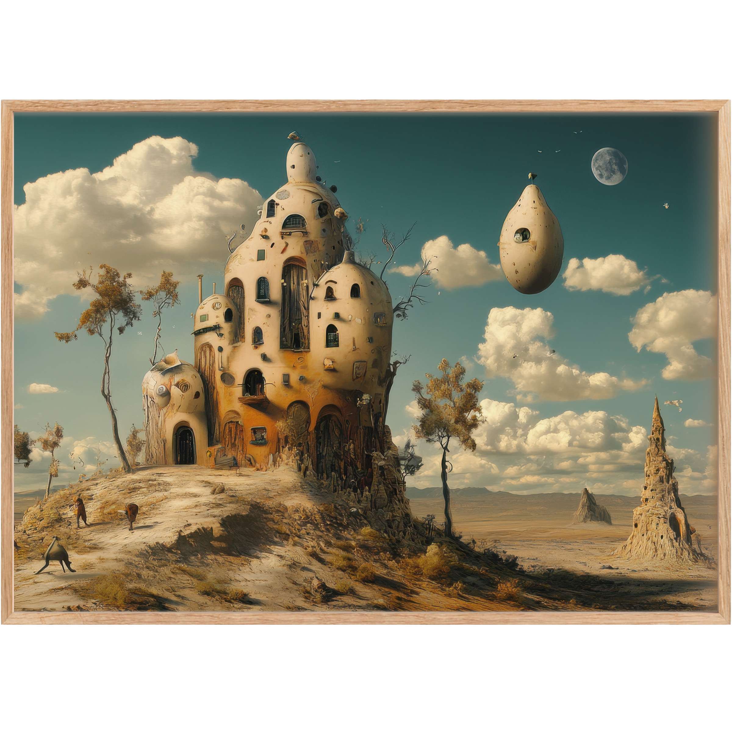 Surreal desertscape with organic structures under a twilight sky, evoking calm mystery and wonder Modern printable wall art