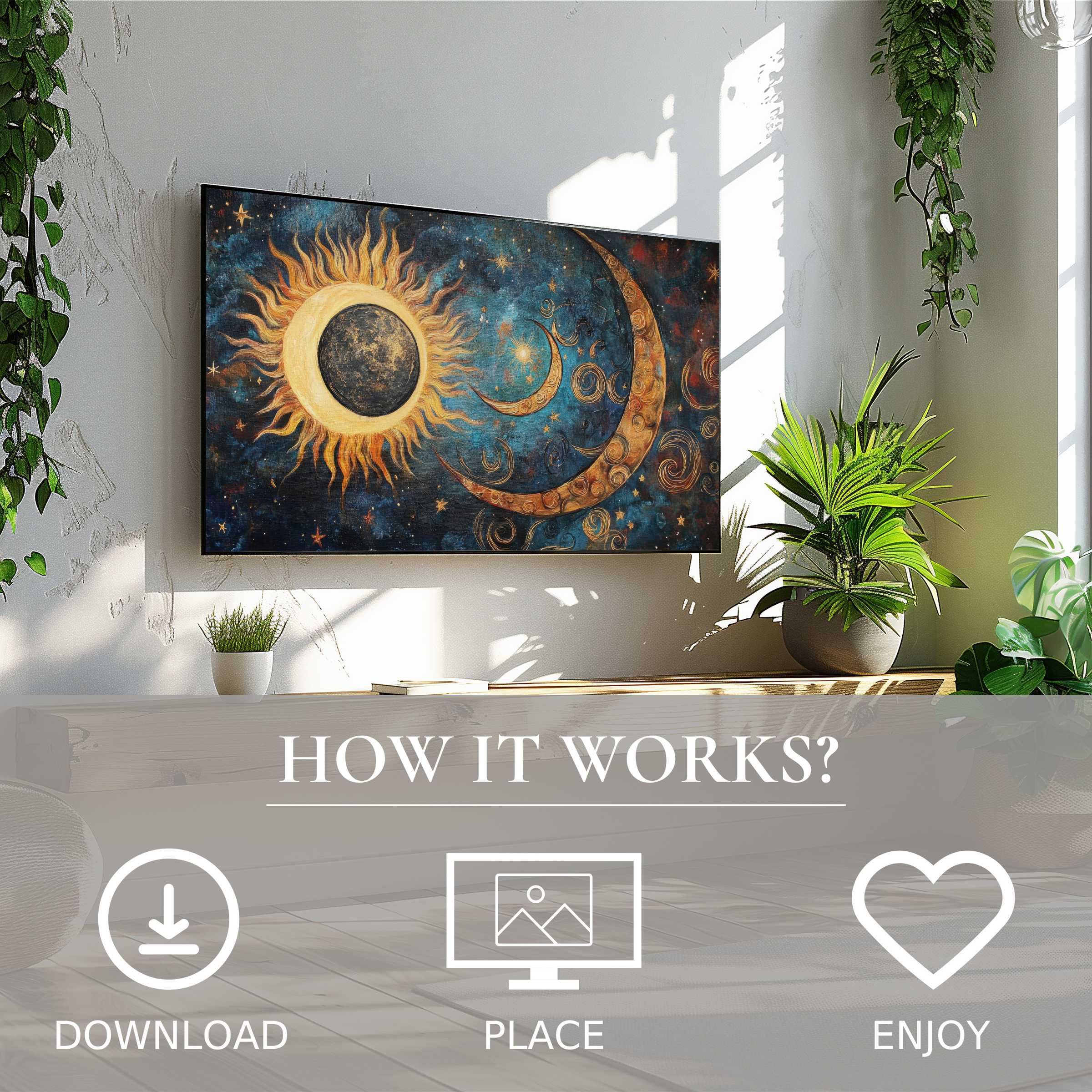 Boho art for Samsung TV shows warm sun and moon in cosmic tones, easy digital download enriching modern living spaces