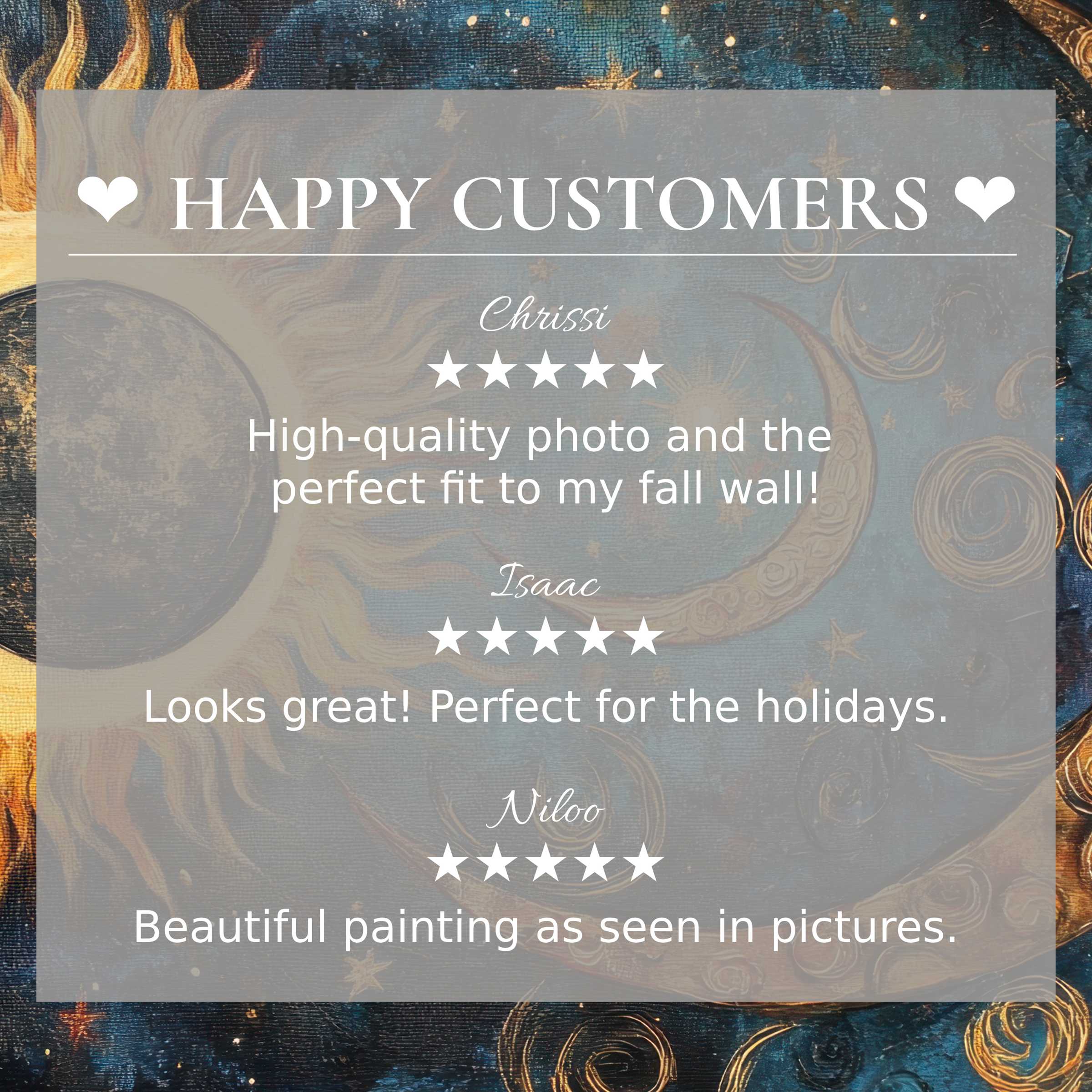 Boho art for Frame TV with celestial abstract background, highlighting happy customer reviews and elegant appeal
