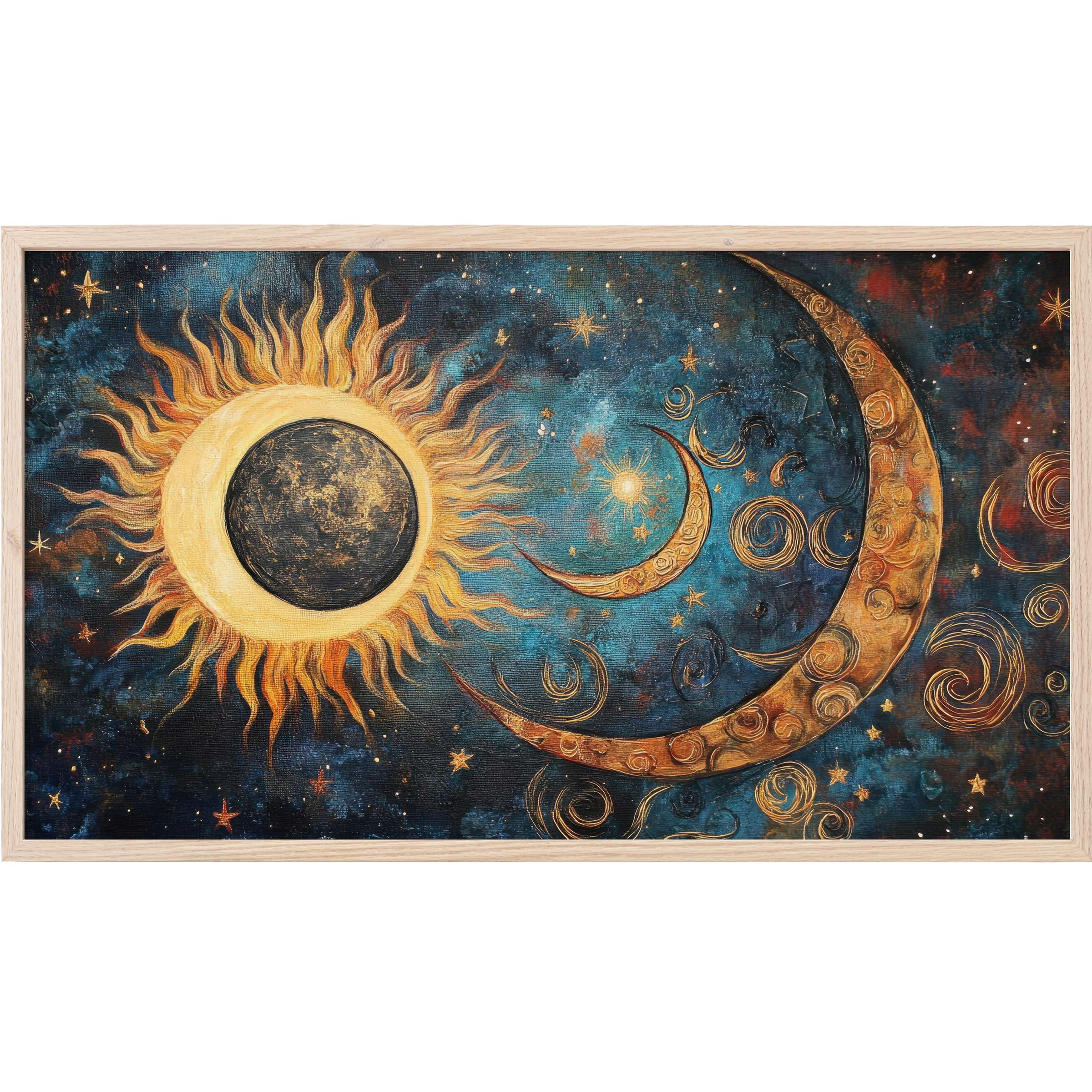 Boho Frame TV Art featuring golden sun and crescent moons on rich blue, textured celestial background with swirling accents