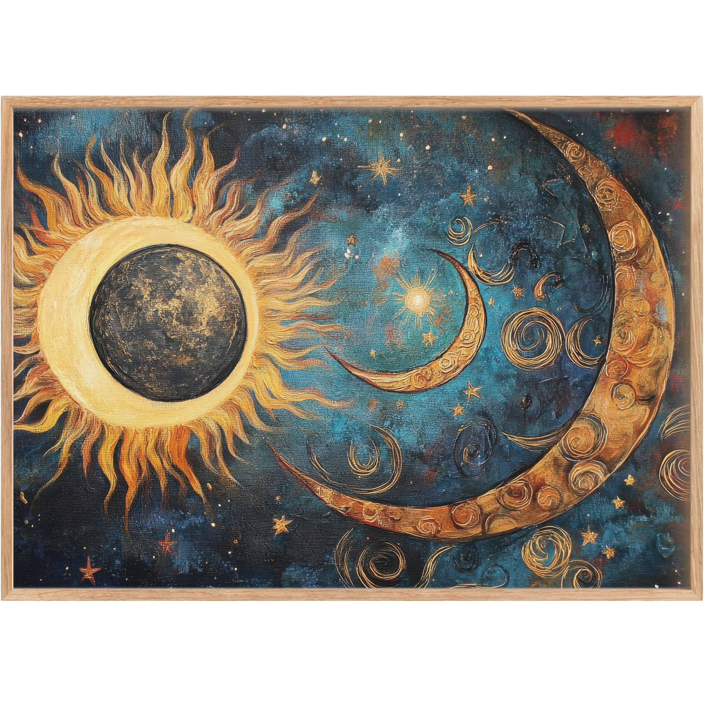 Boho printable wall art radiates celestial warmth with golden sun and moon motifs against a deep, tranquil blue night sky