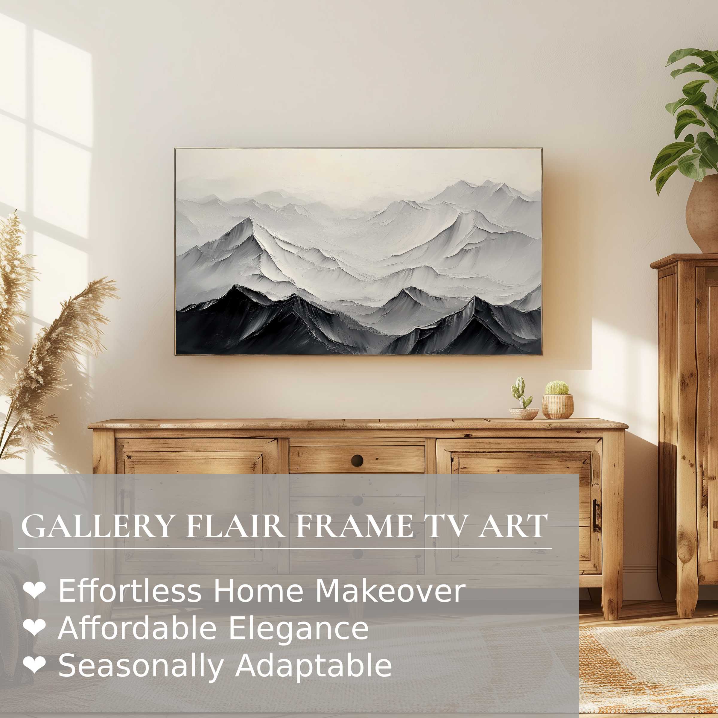 Samsung Frame TV displays minimalist digital artwork of serene grayscale mountains in a refined, elegant living space