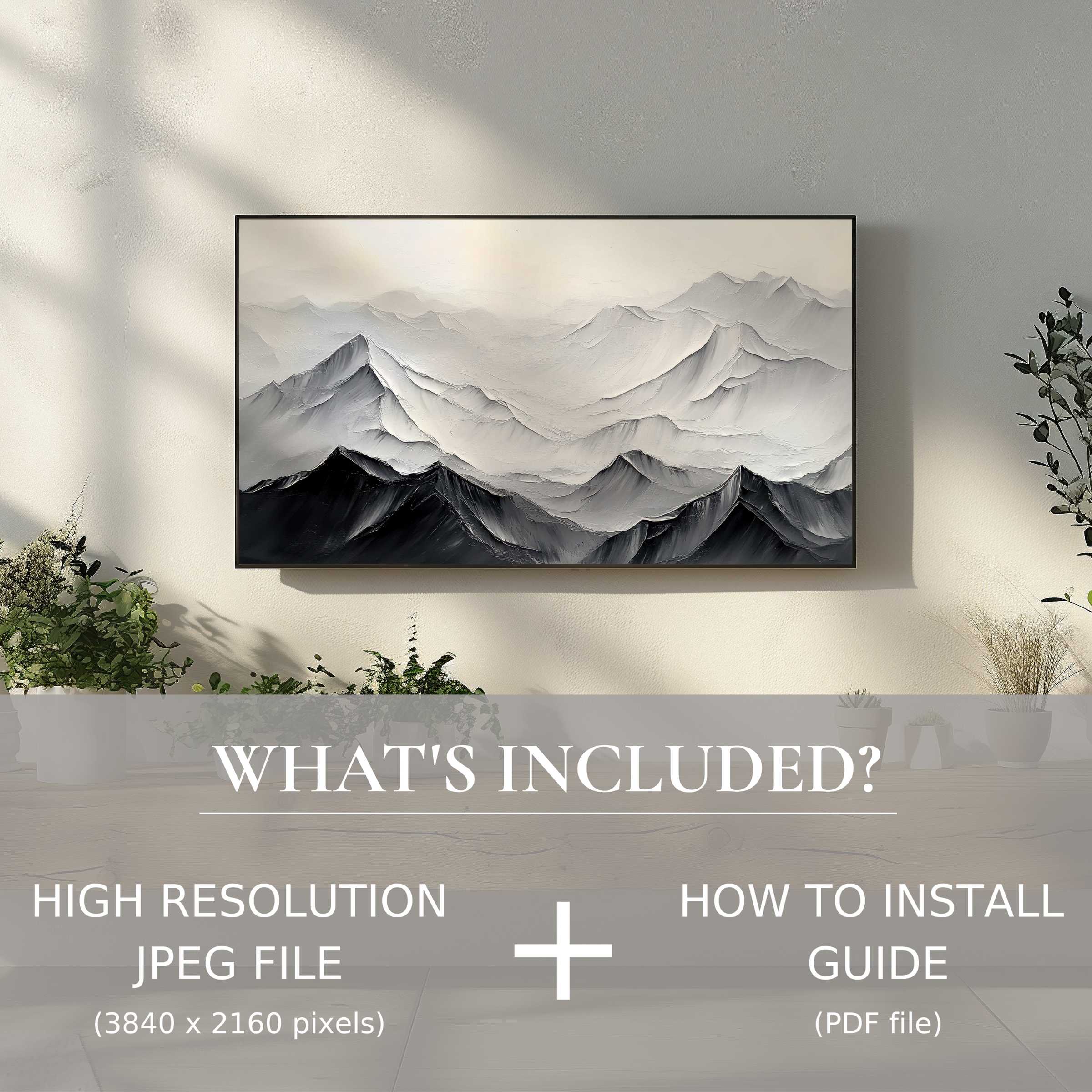 Elegant minimalist digital TV art download of serene mountains, enhancing living spaces with easy digital use and chic style