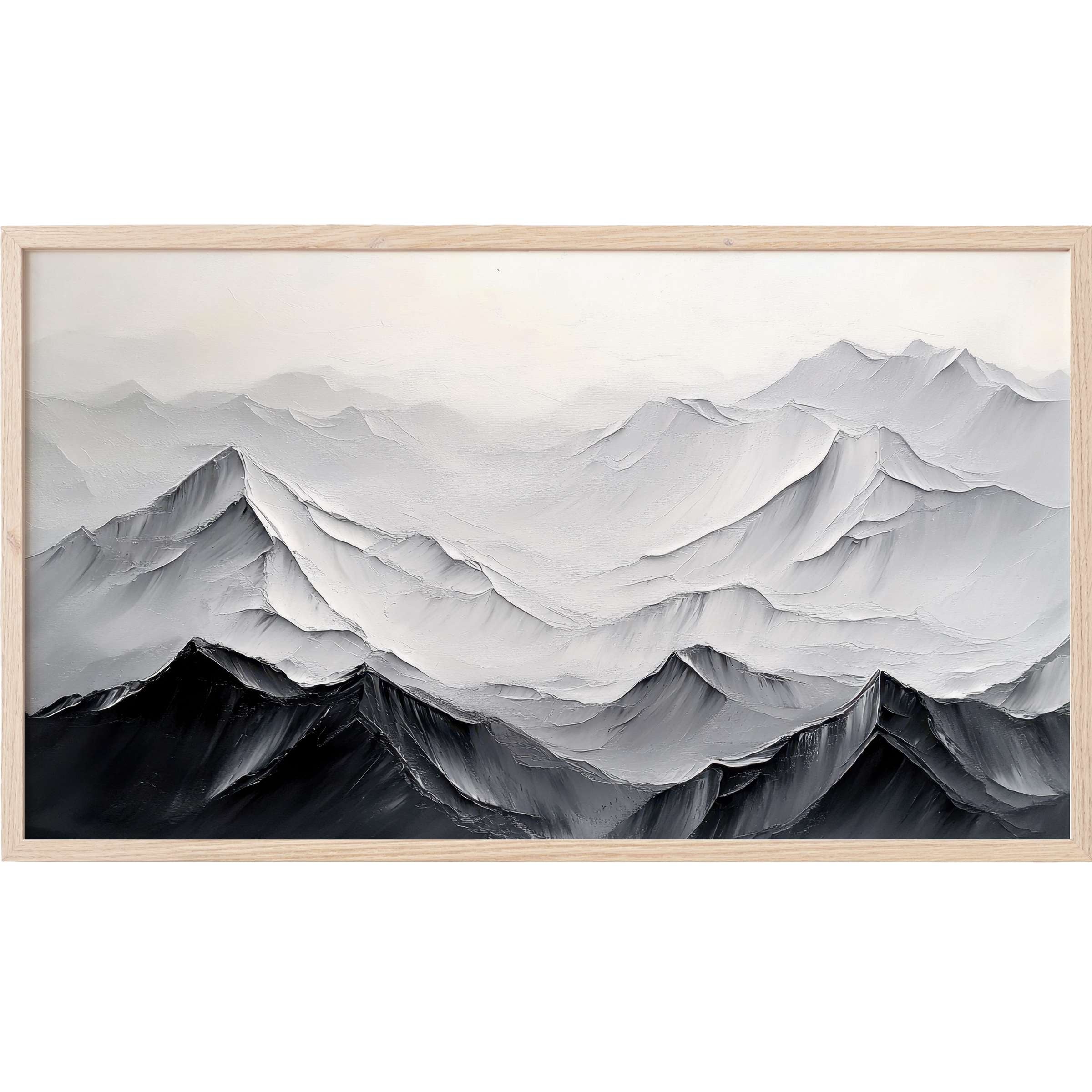 Minimalist Frame TV Art depicting layered gray mountain peaks with textured brushstrokes in a sleek neutral palette