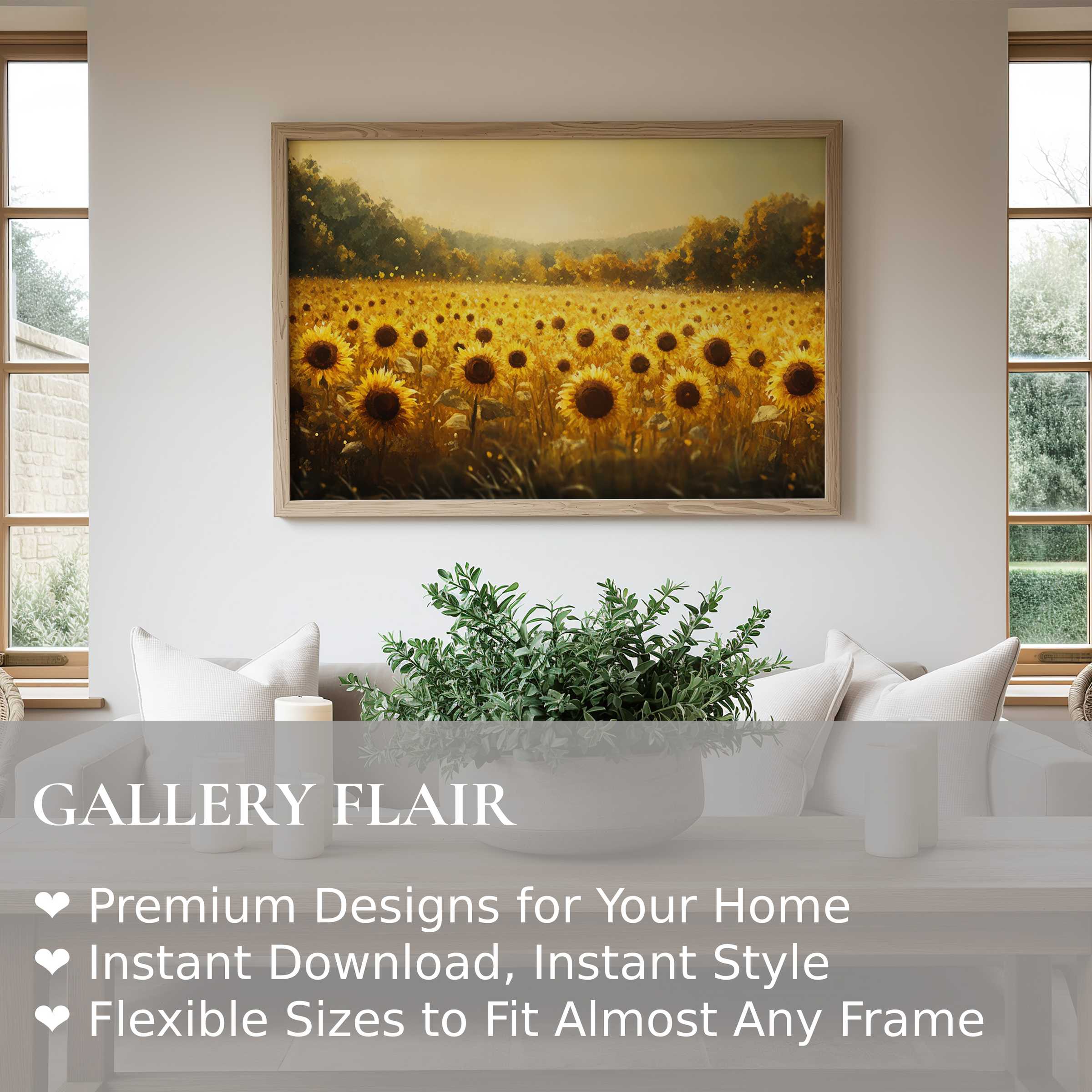 Fall wall art print featuring a radiant sunflower field at golden hour, elevating modern minimalist interiors with warm, inviting autumn hues