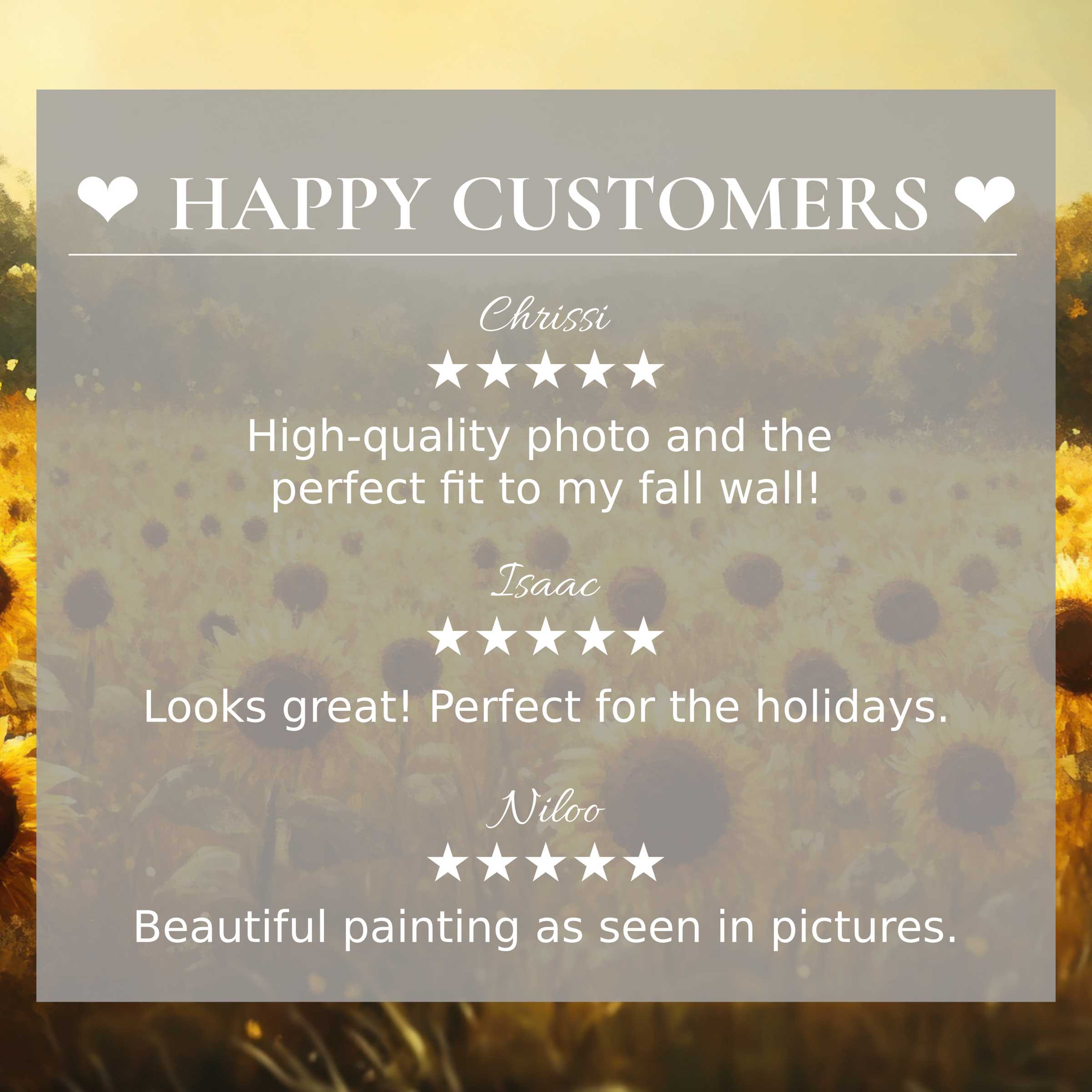 Fall art for Frame TV with abstract sunset sunflowers, showcasing happy customer reviews and elegant, trusted style