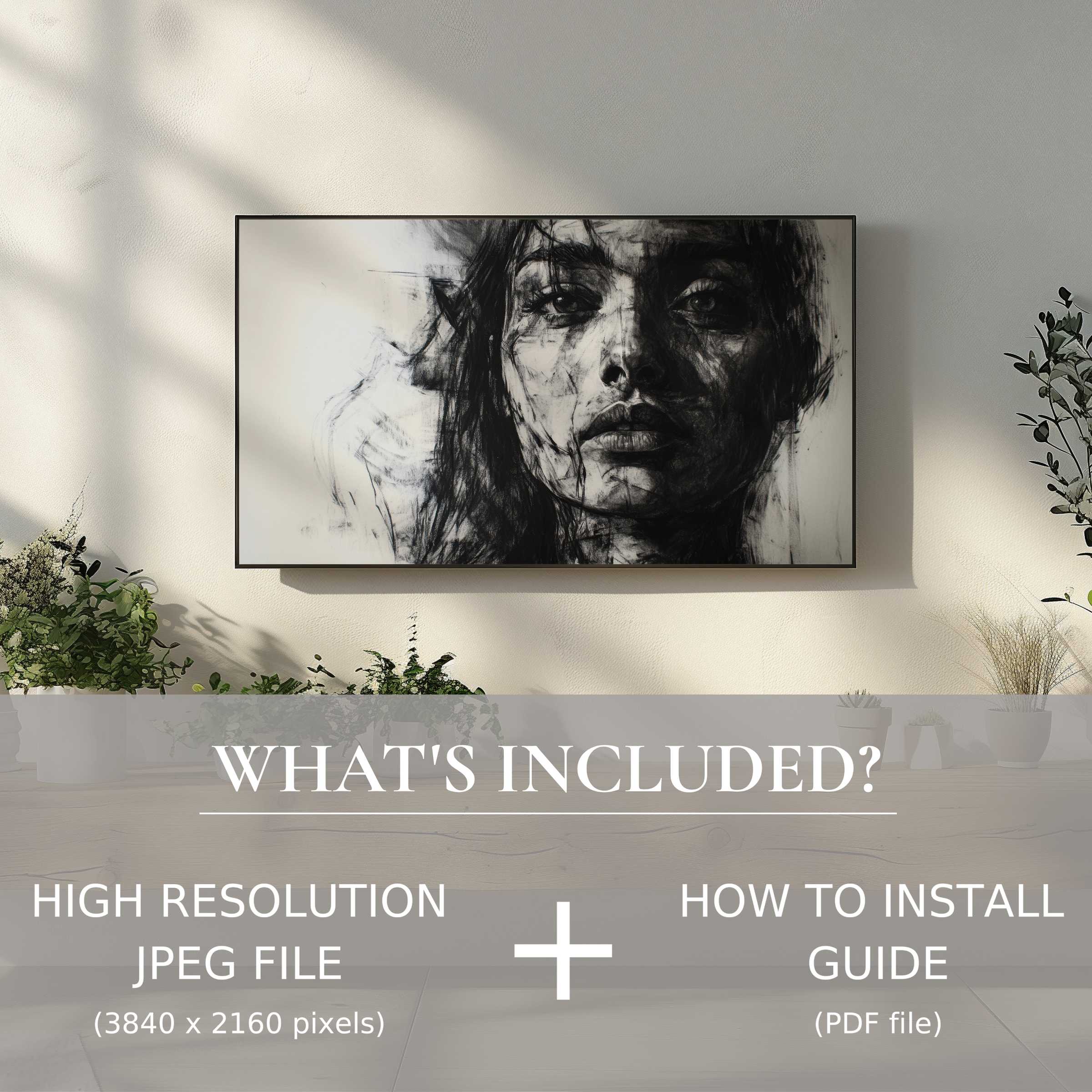 Elegant living space enhanced by black and white digital TV art download, easily installed for modern decor refinement