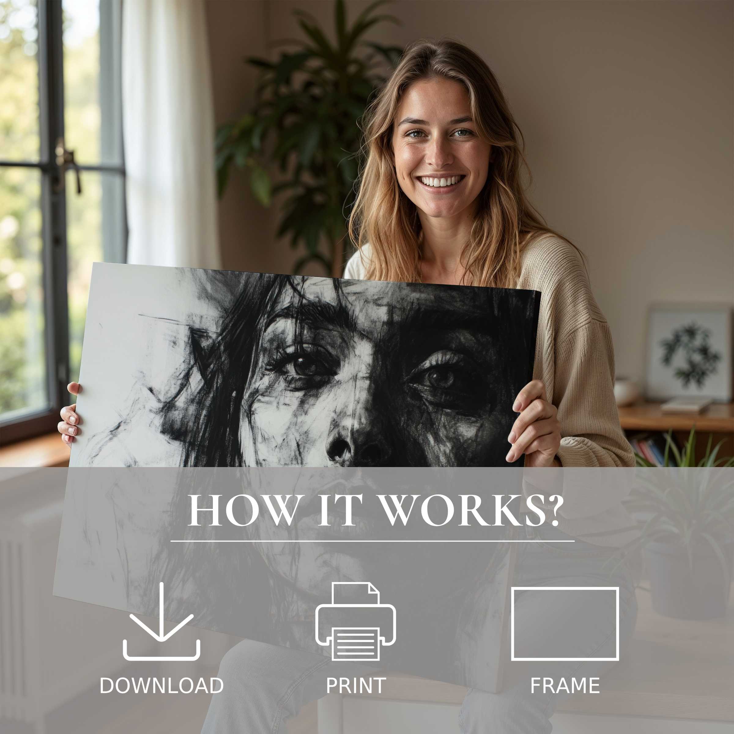 Refined black and white digital art print enriches a serene modern home, embodying connection and joy in everyday living