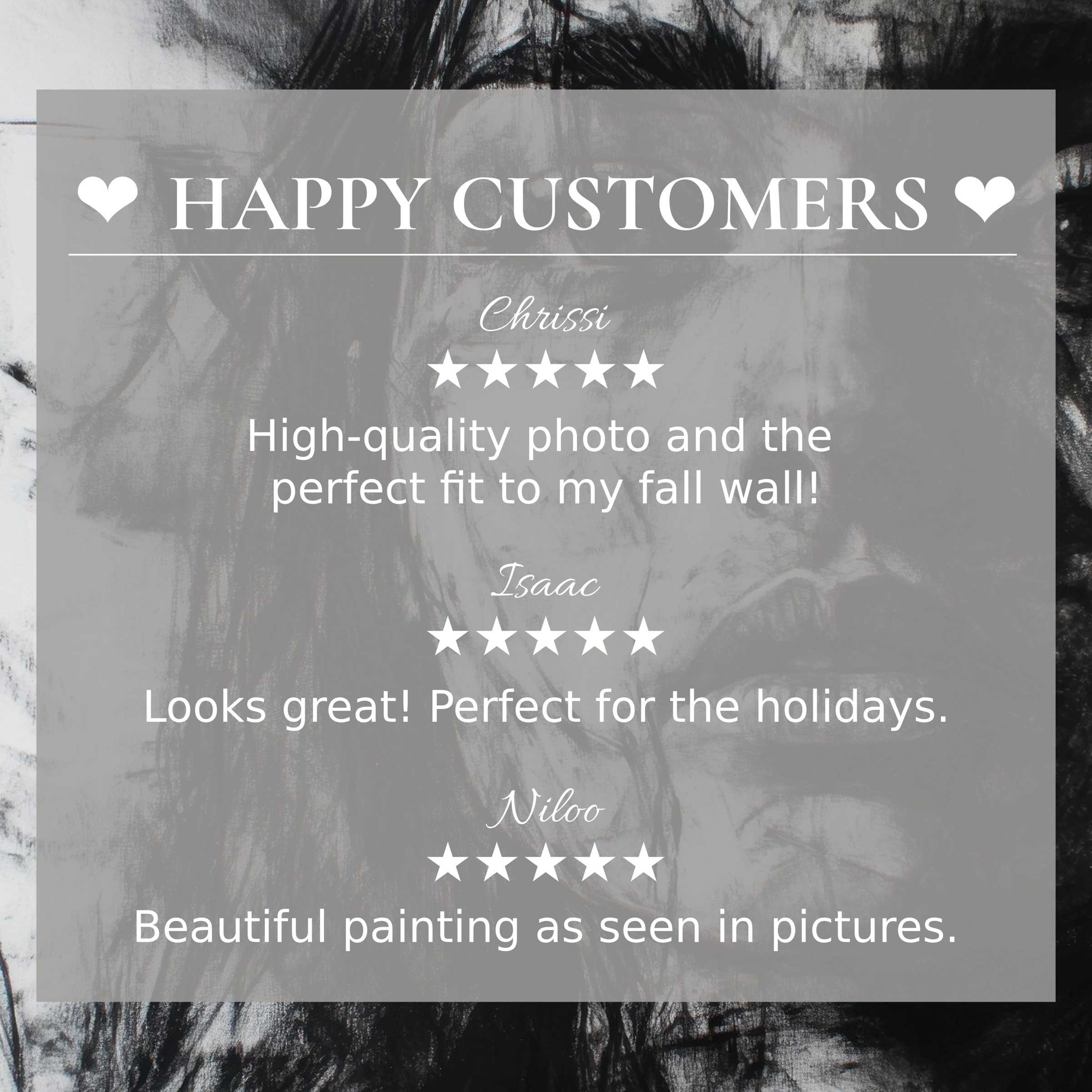 Black and white art for Frame TV with abstract portrait backdrop, showcasing happy customer praise and refined, trusted style