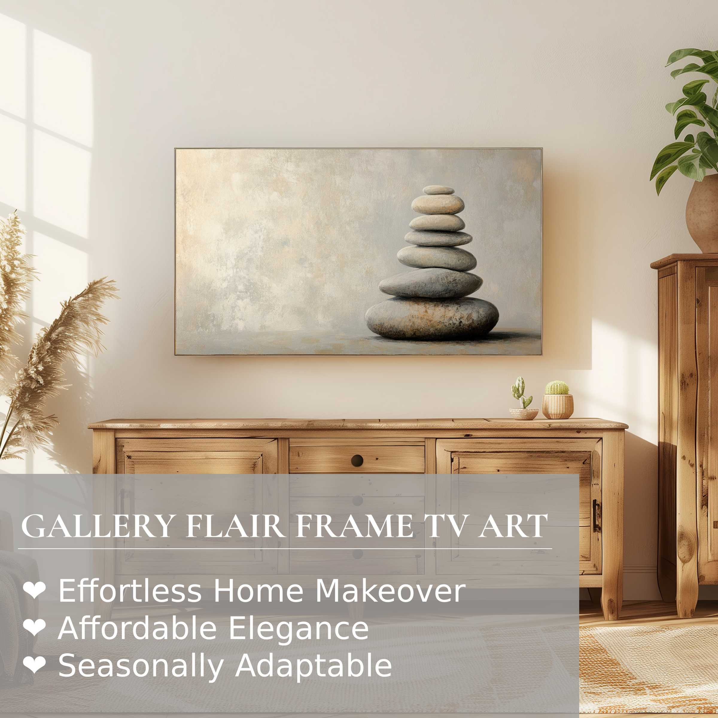 Samsung Frame TV displaying neutral digital artwork of balanced stones in a serene, modern wood-accented setting