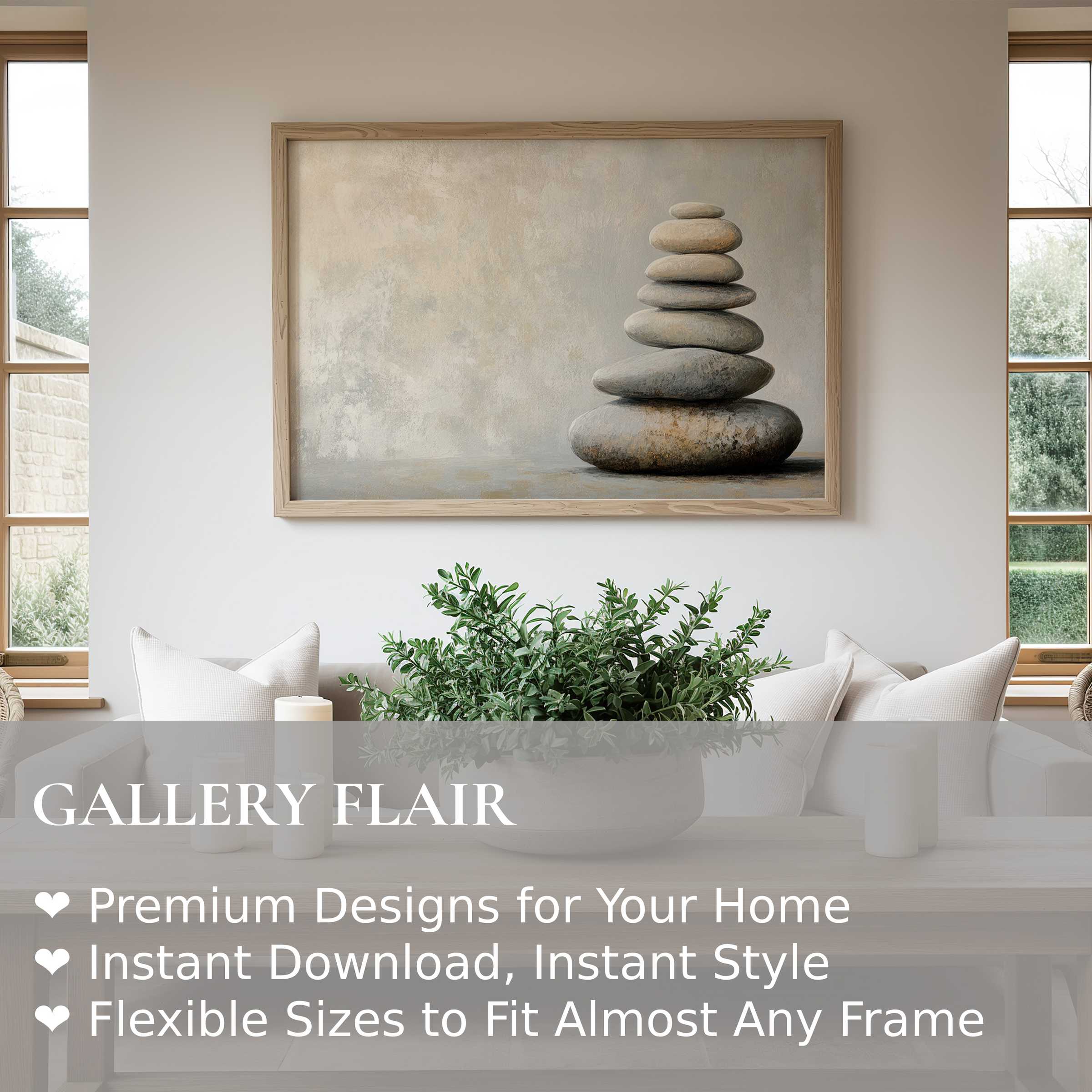 Neutral wall art print featuring a serene stack of smooth stones, enhancing calming minimalistic interiors with soft, natural elegance