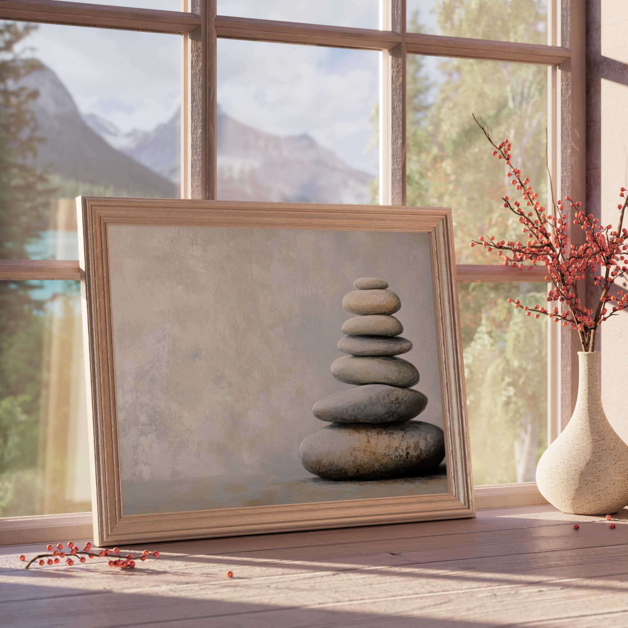 Serene neutral downloadable art featuring balanced stones with soft textures, enhancing tranquil, design-forward, minimalist interiors