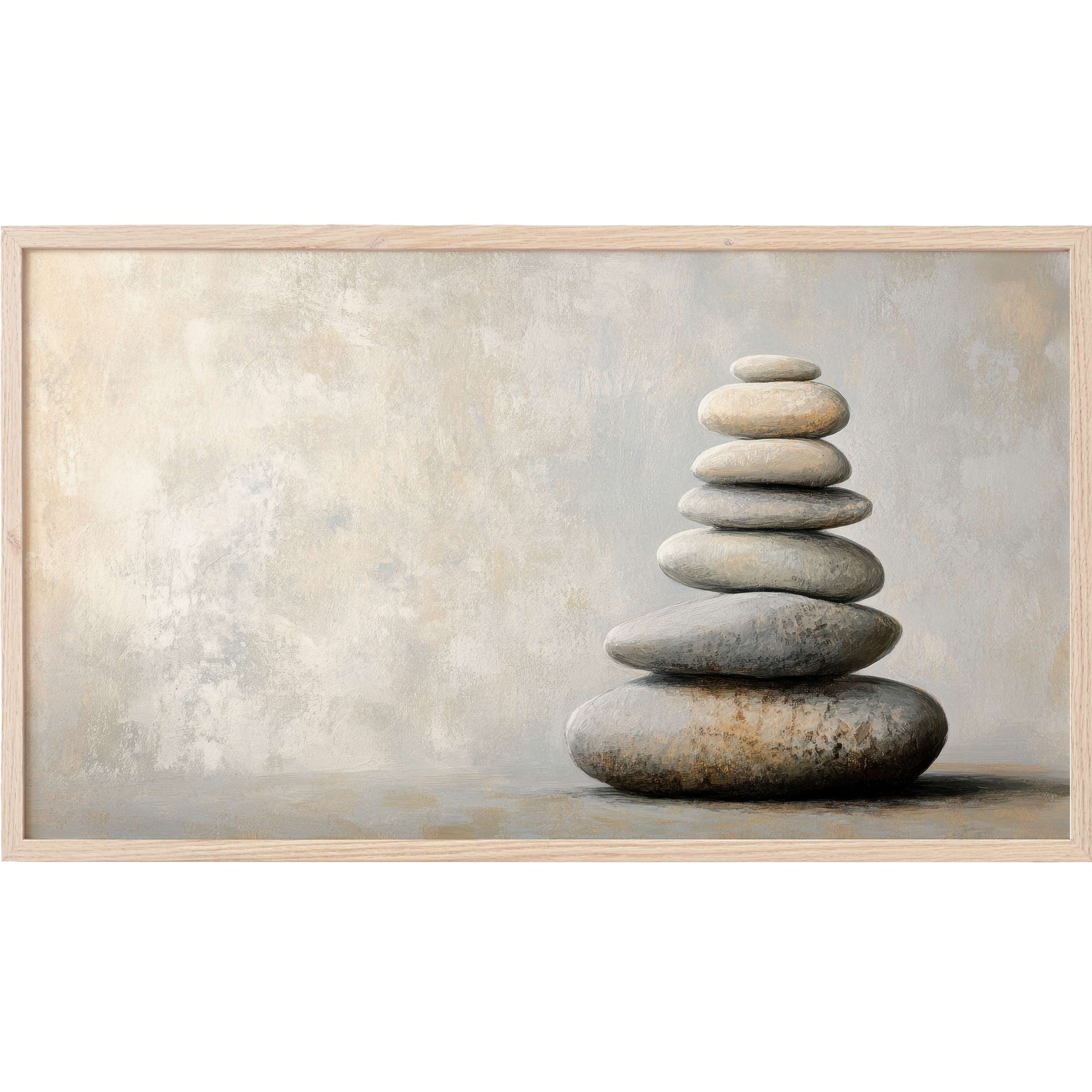 Elegant neutral Frame TV Art featuring a serene stack of smooth stones in soft grays and beige tones