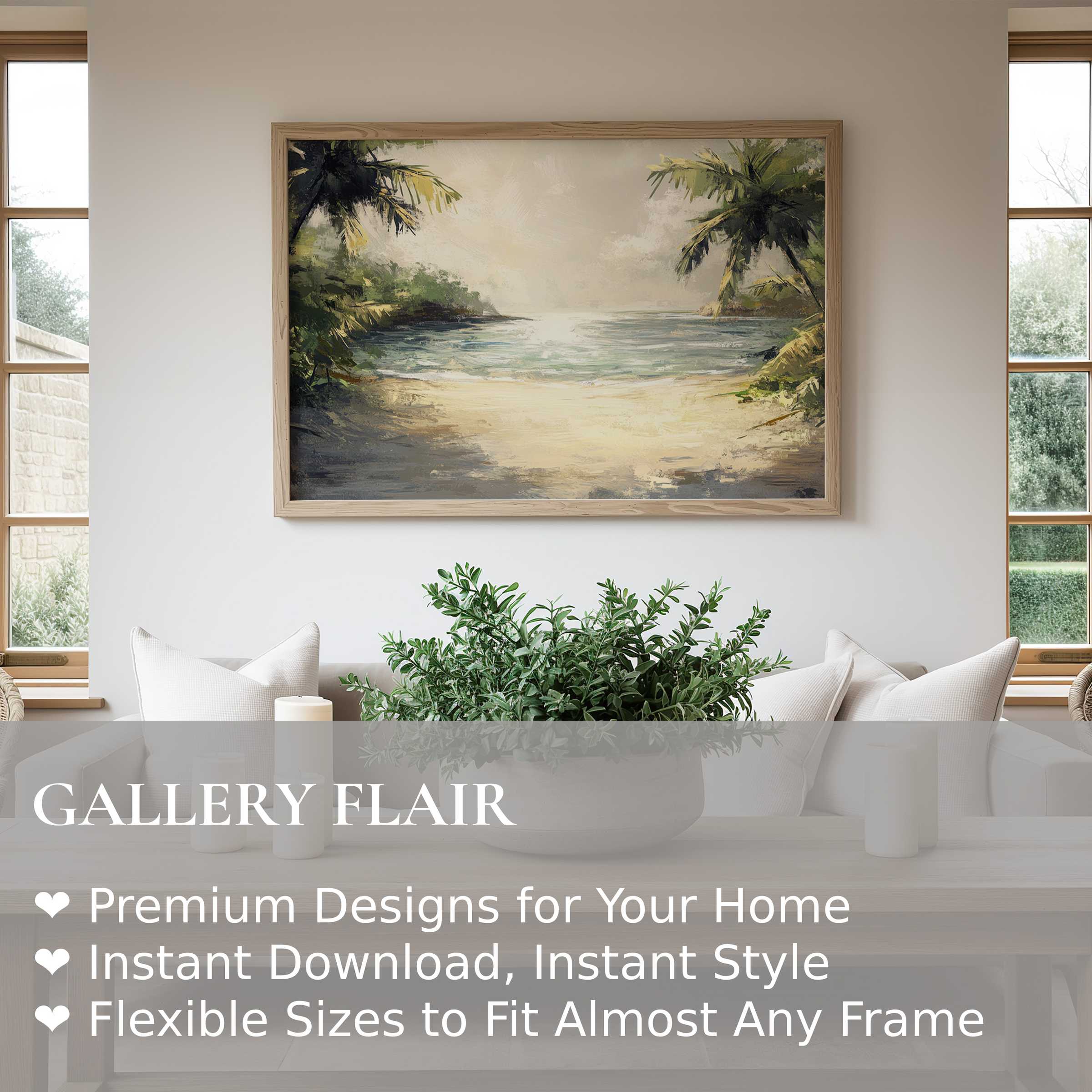 Summer wall art print showcasing a serene tropical beach scene with lush greenery, perfect for modern coastal or minimalist interiors