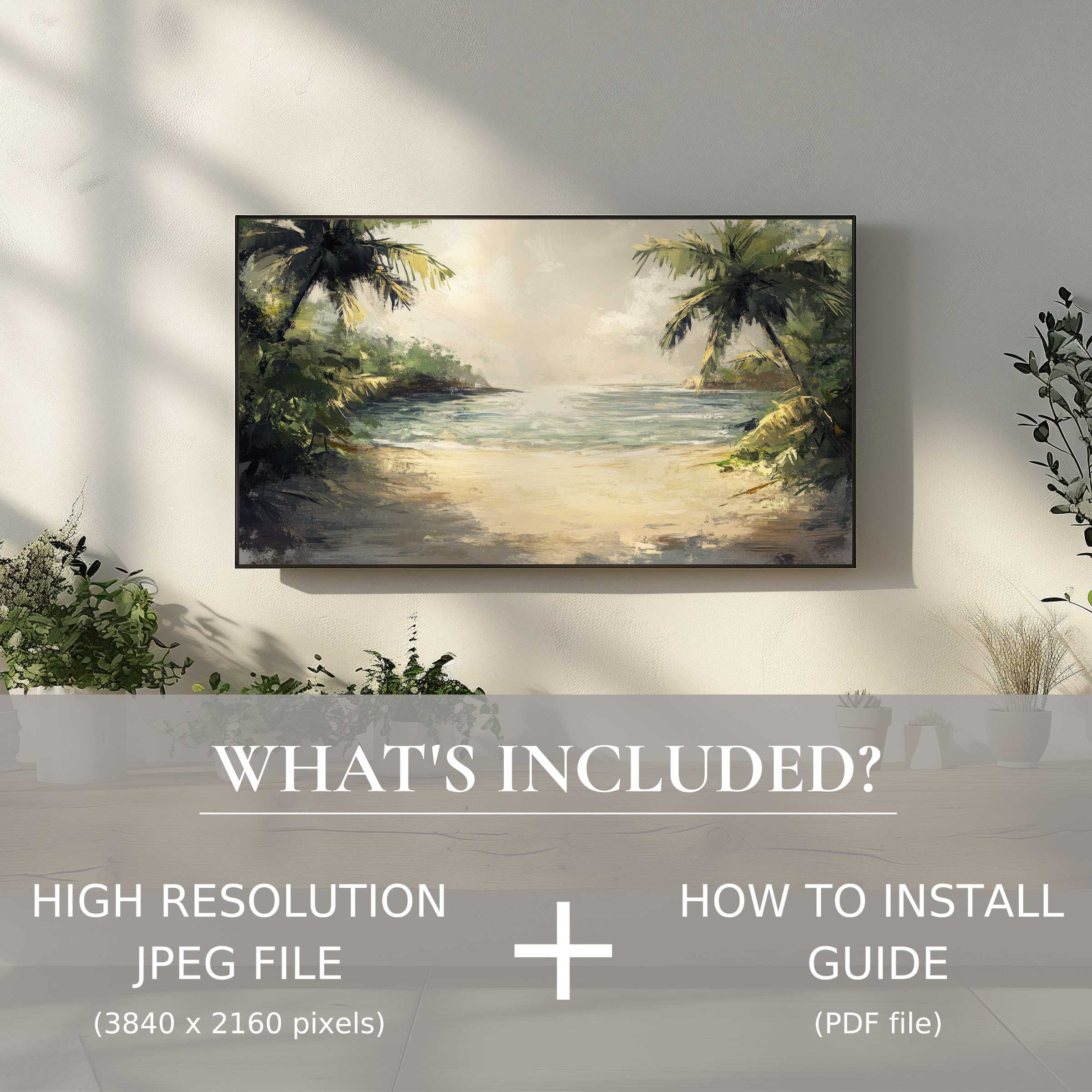 Elegant summer digital TV art download enhances airy living rooms with easy, stylish digital use and tropical coastal vibes