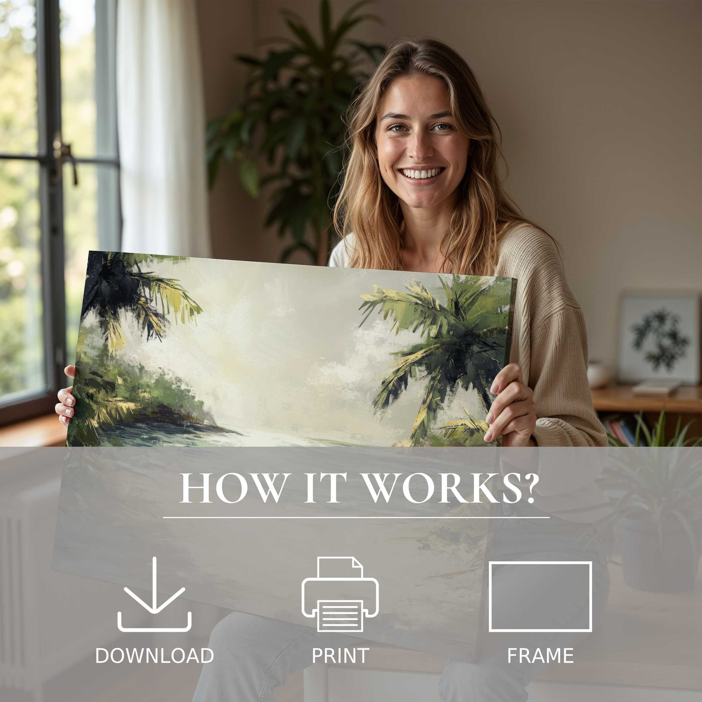 Bright summer digital art print evokes serene coastal calm, enriching modern homes with effortless joy and timeless style