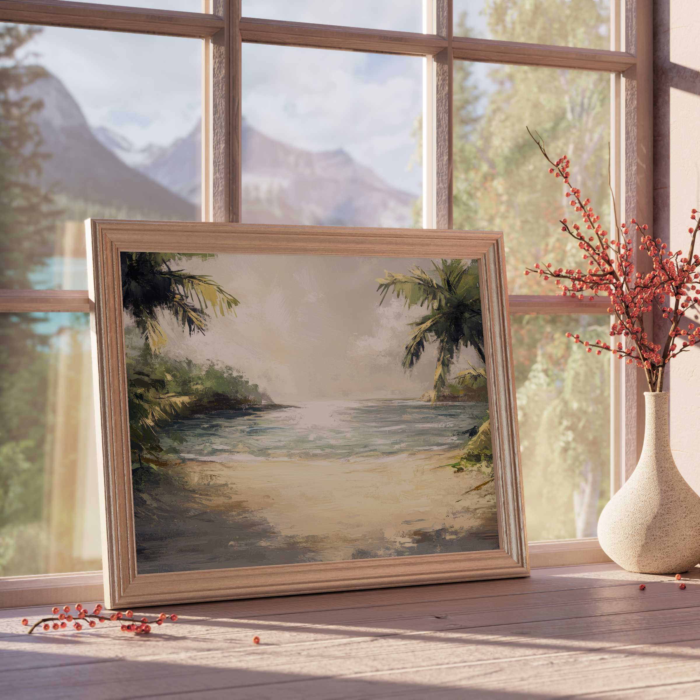 Serene summer downloadable art capturing a sunlit tropical beach with palm trees, perfect for elegant, calm interiors