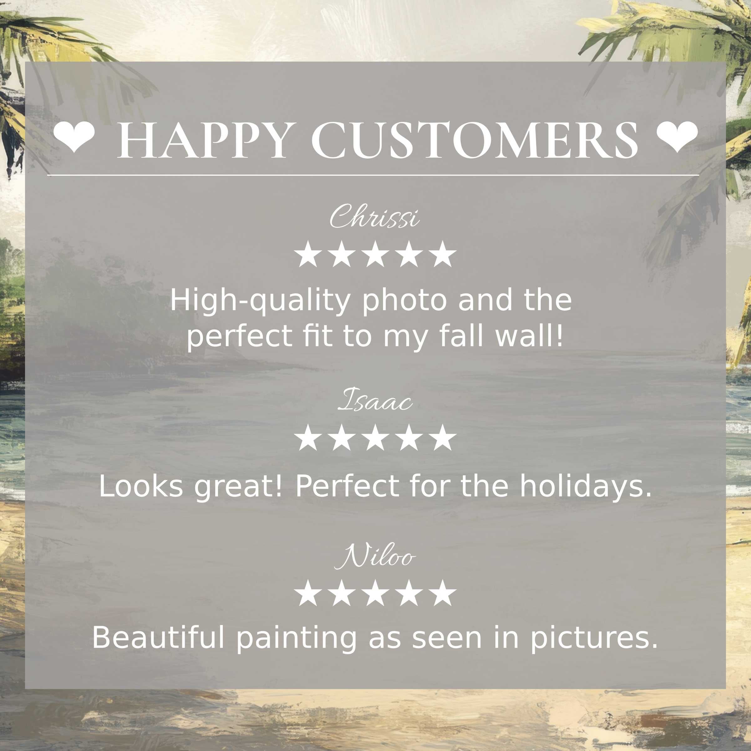 Summer art for Frame TV with abstract sunset hues, showcasing happy customer reviews for a trusted, elegant décor choice