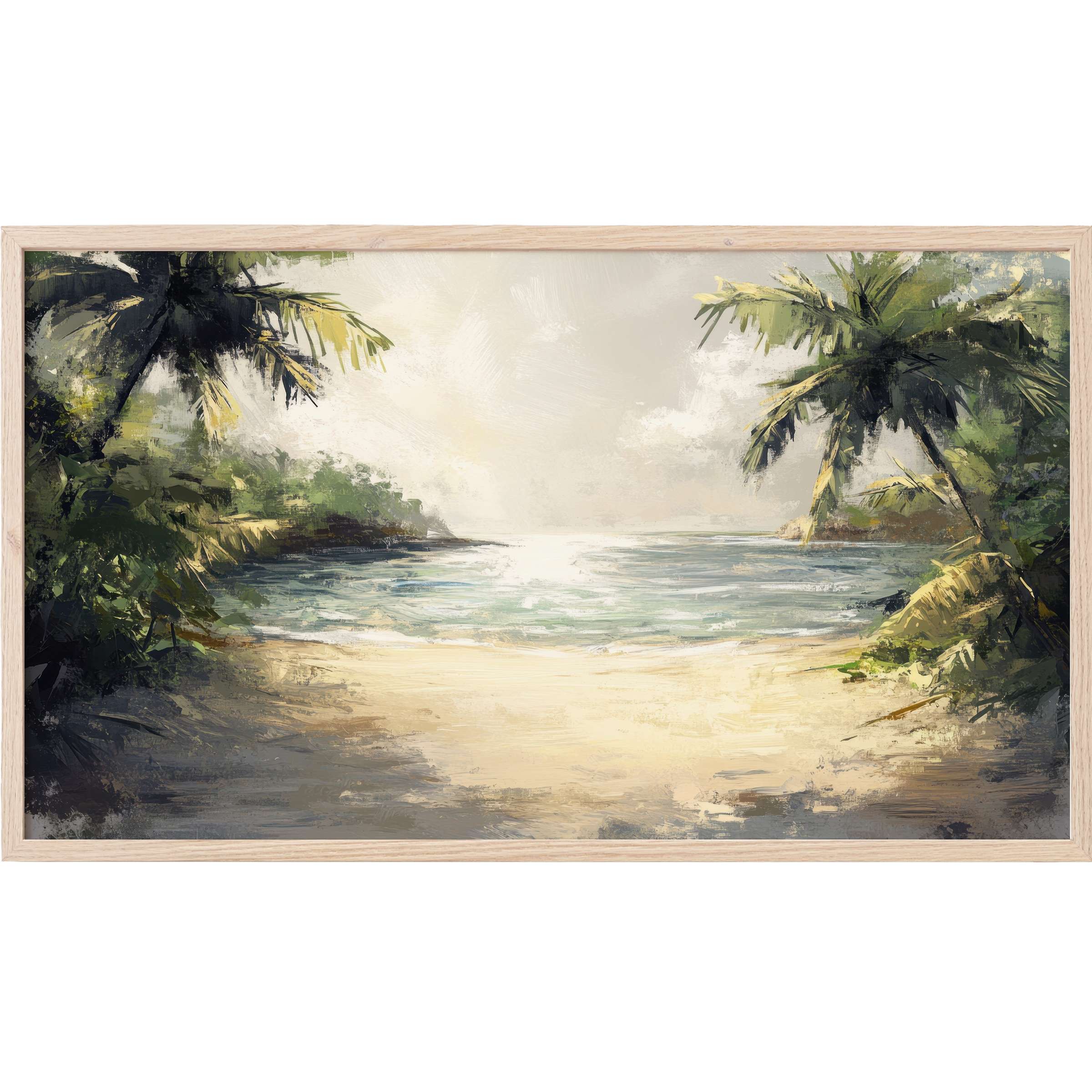 Tranquil beach scene with soft blues, greens, and sandy tones in an impressionist style, summer Frame TV Art