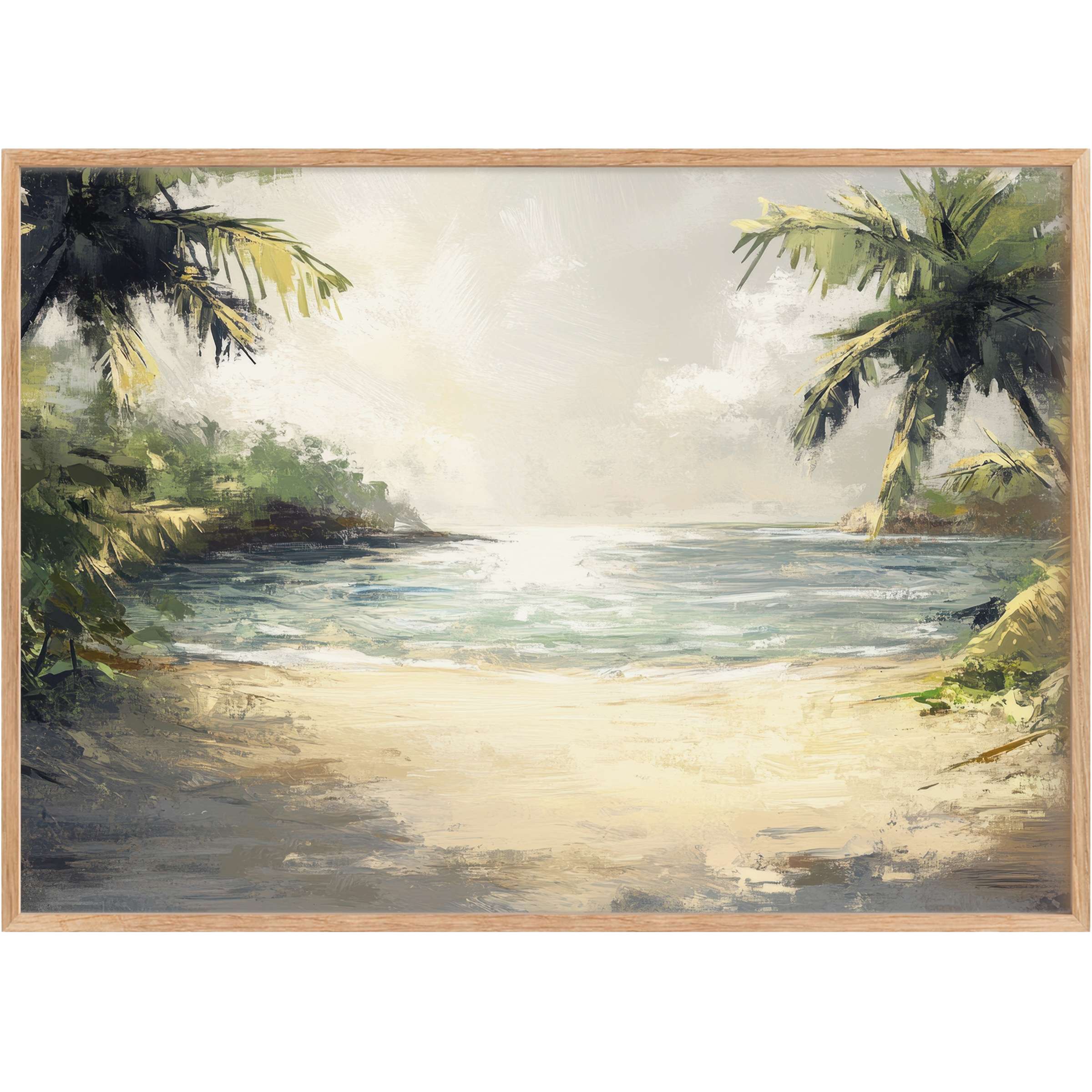 Serene summer printable wall art featuring soft sandy tones and lush greens, evoking tranquil coastal days with a radiant, calming vibe