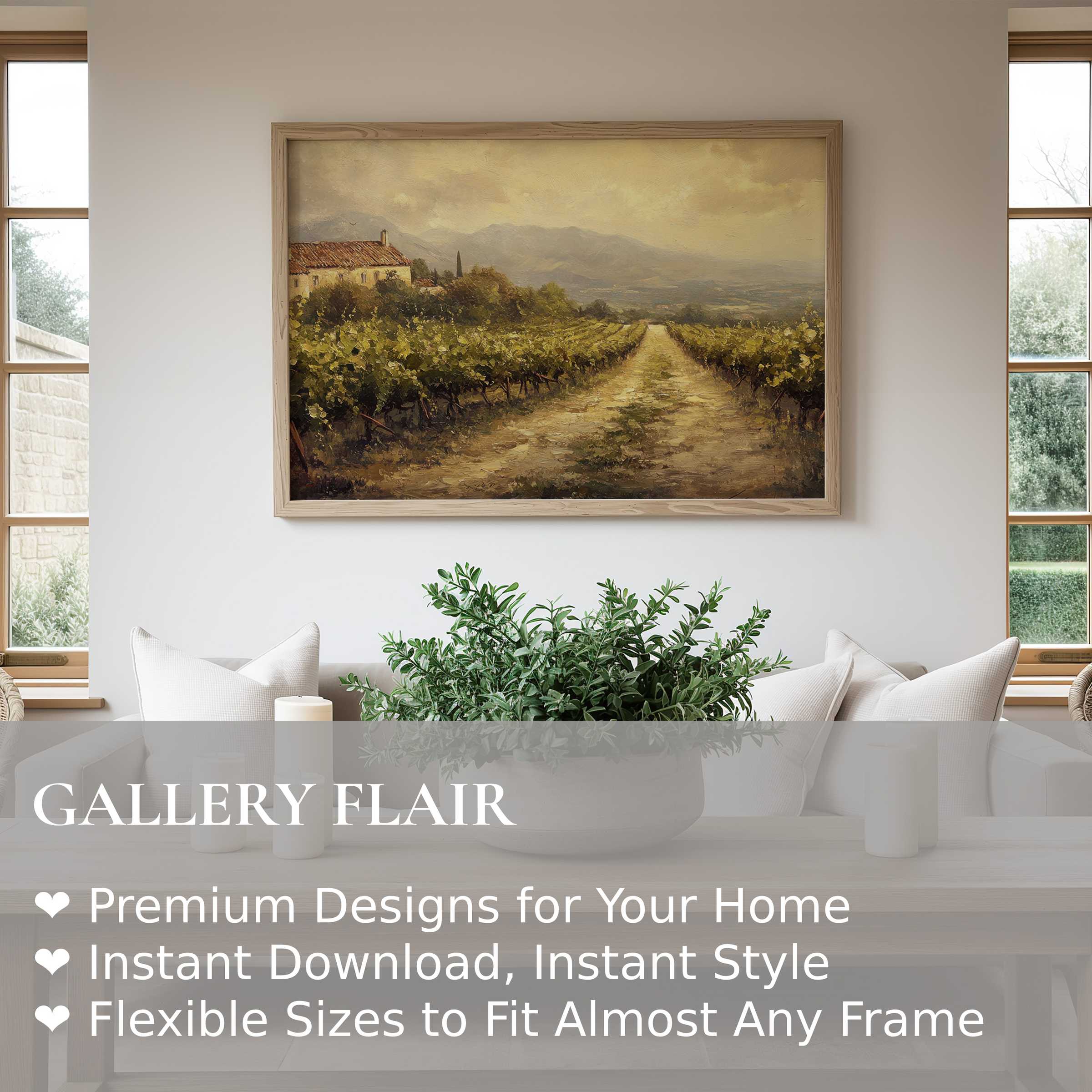Landscape wall art print of a serene vineyard path under soft golden light, enhancing modern farmhouse interiors with calming, timeless elegance