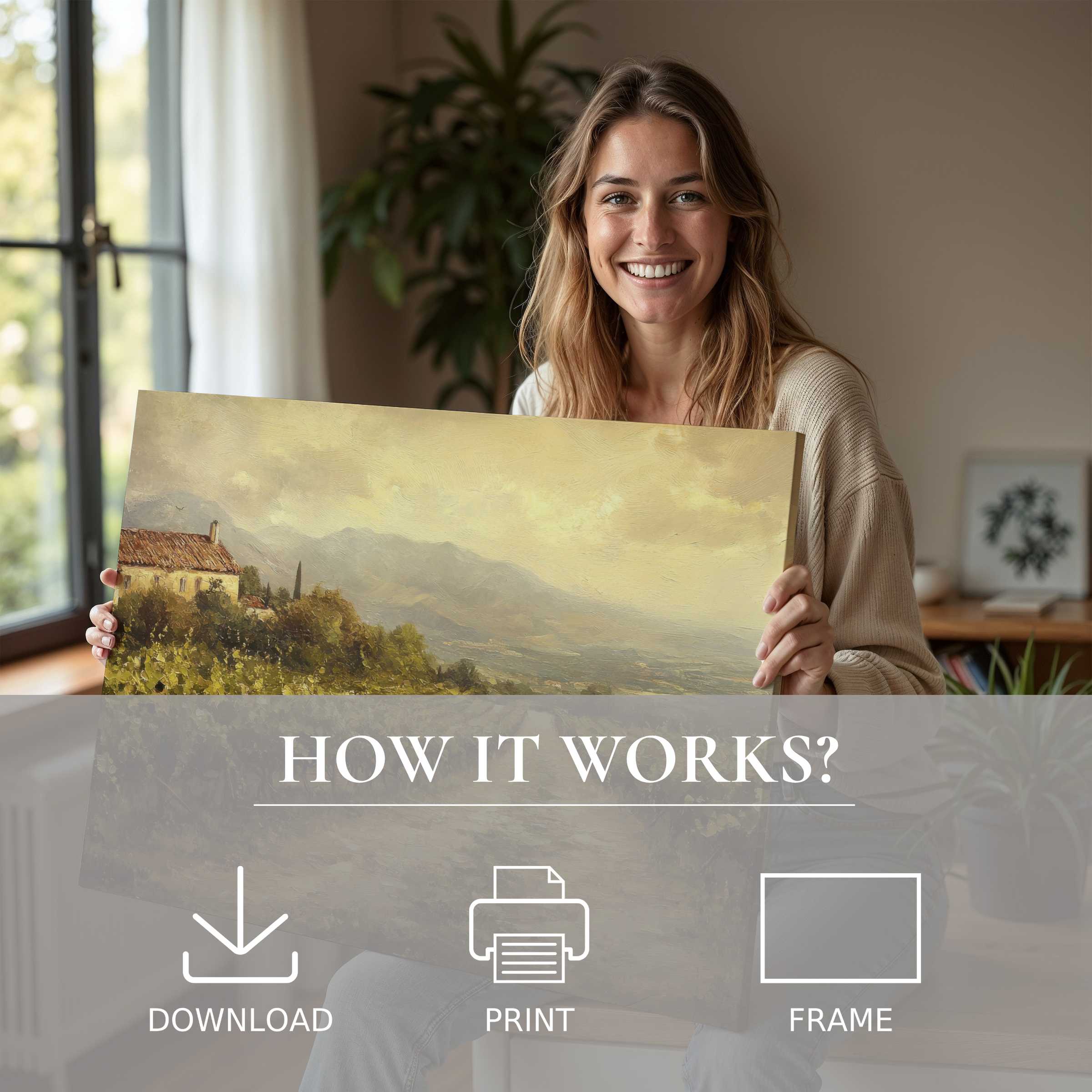 Radiant smile in a sunlit modern home embracing a landscape digital art print-effortless elegance that transforms space