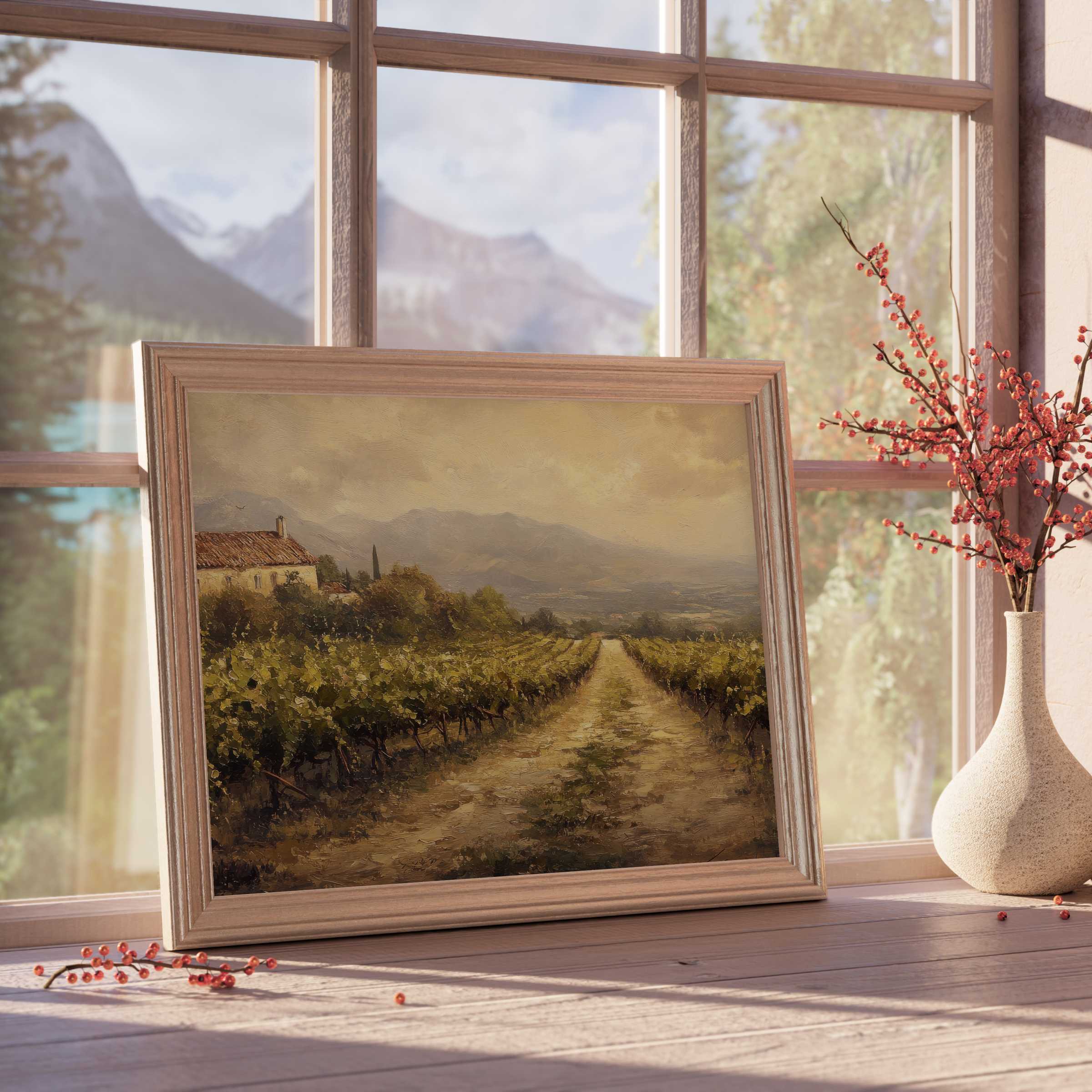 Timeless landscape downloadable art capturing warm vineyard vistas and rustic charm, enhancing tranquil, curated interiors with elegant countryside allure