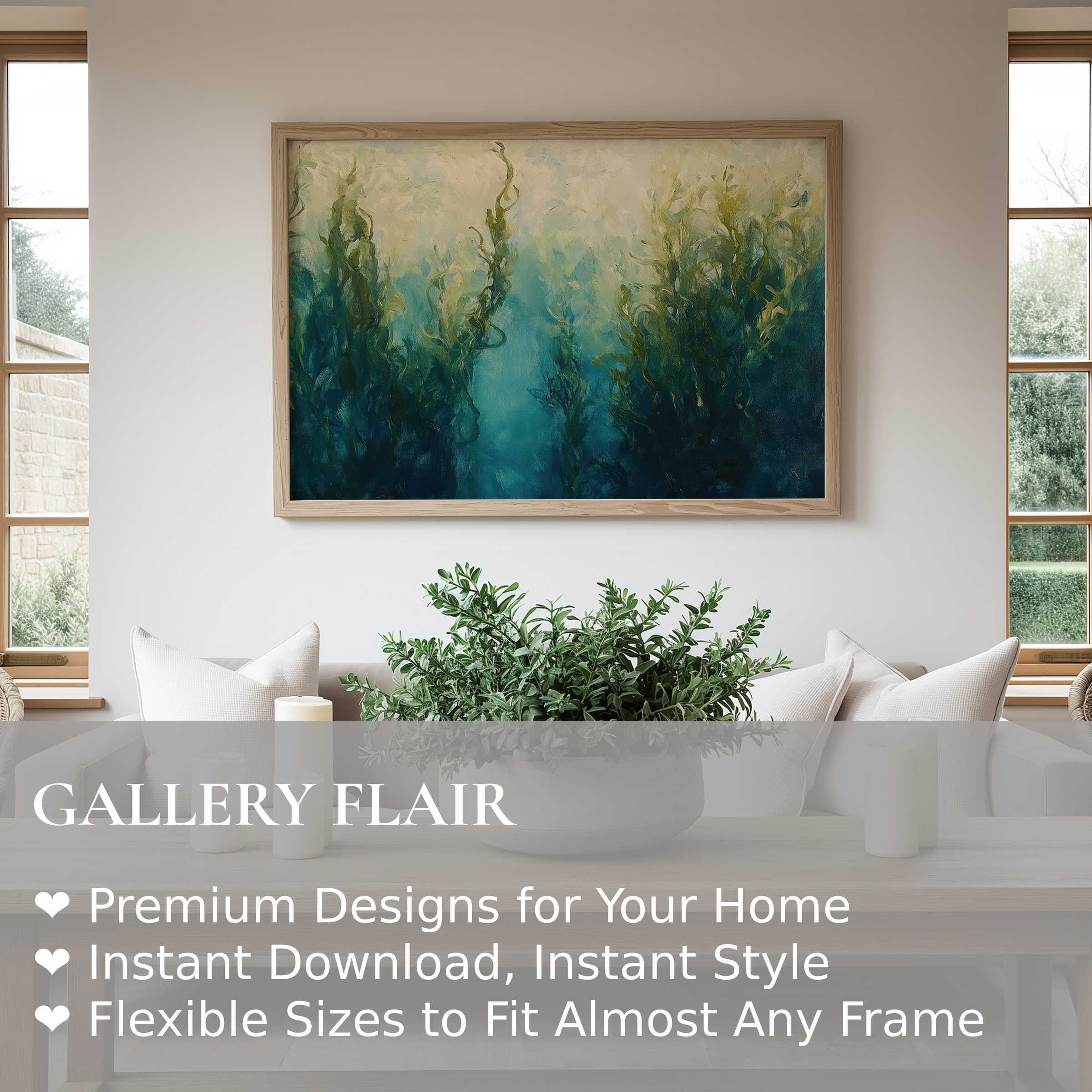 Coastal wall art print with radiant teal and green seaweed textures, enhancing serene modern interiors with calming ocean elegance