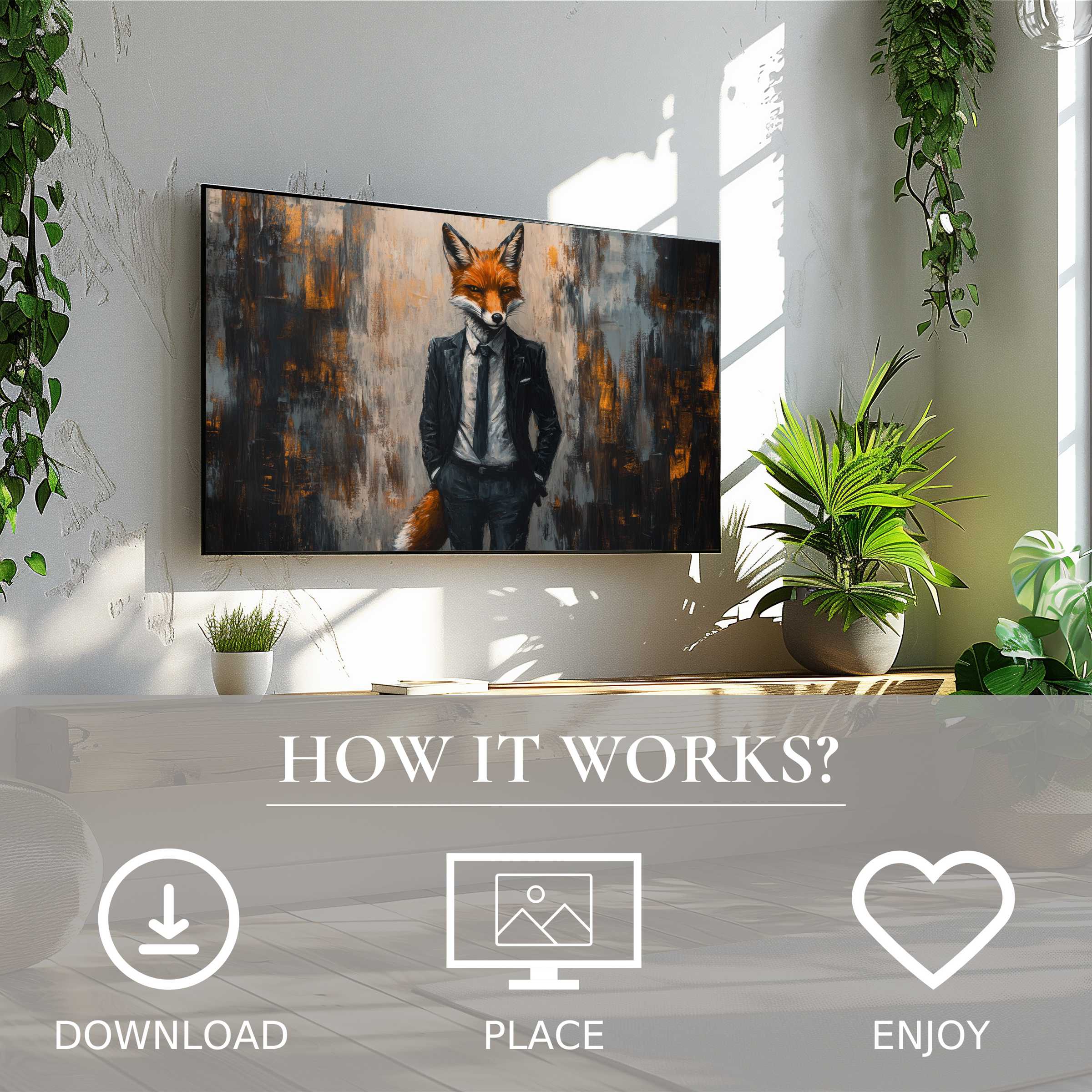 Modern living room with street art for Samsung TV showing a fox in suit, simple download, stylish urban motif enriches space