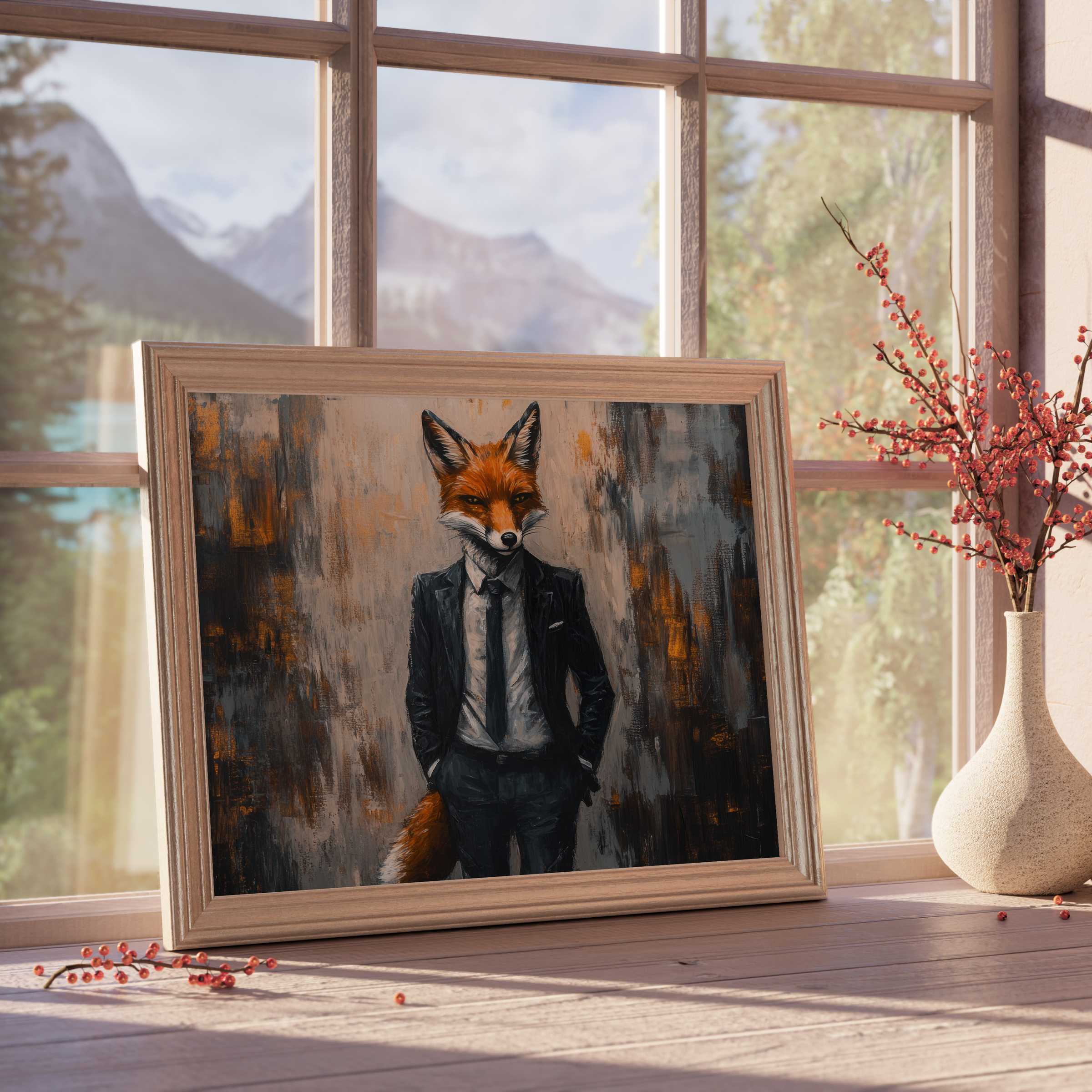 Sophisticated street art downloadable art featuring a dapper fox in suit, infusing modern interiors with curated warmth and bold elegance