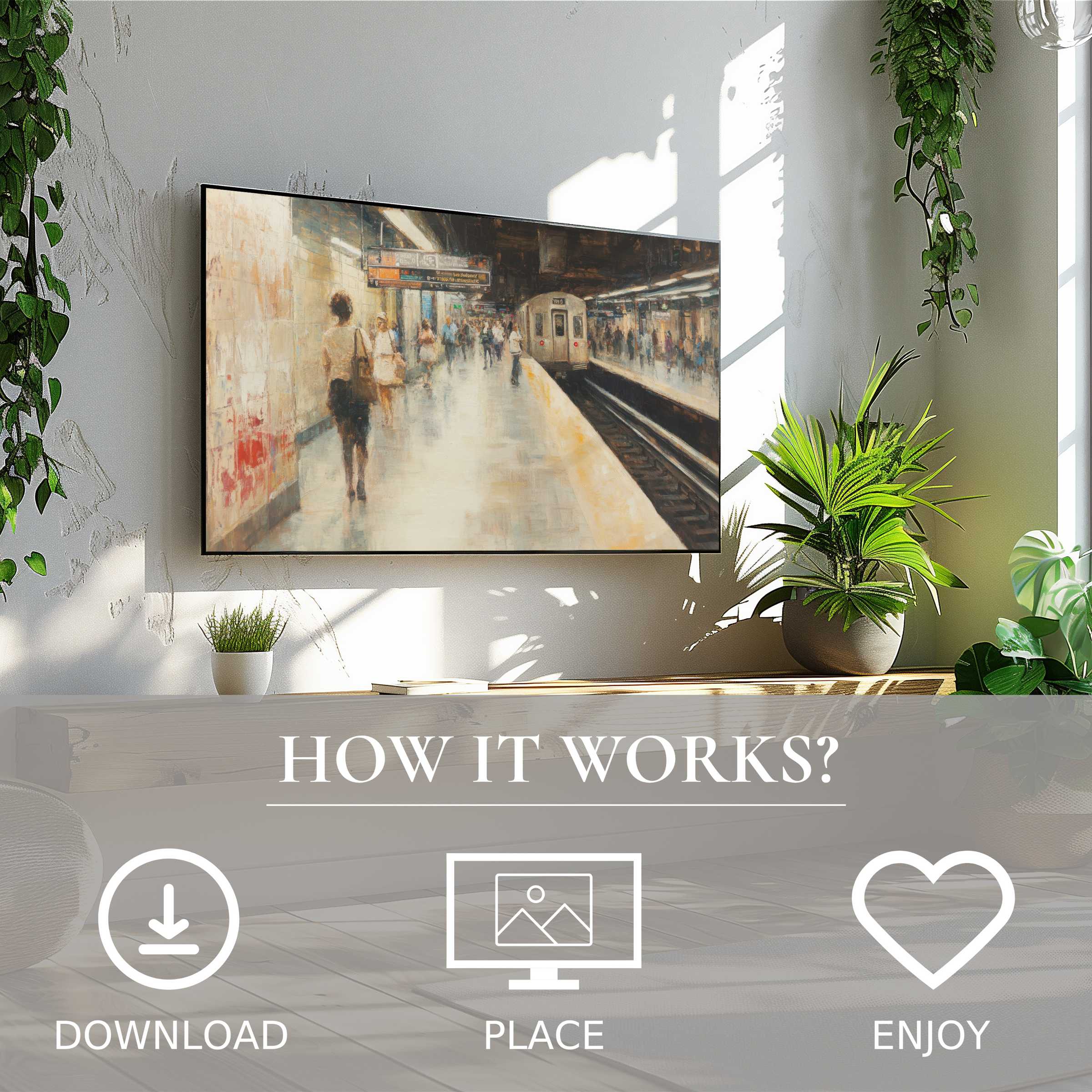 Urban art for Samsung TV: Digital download shows soft subway tones, enriching modern living with easy, stylish decor