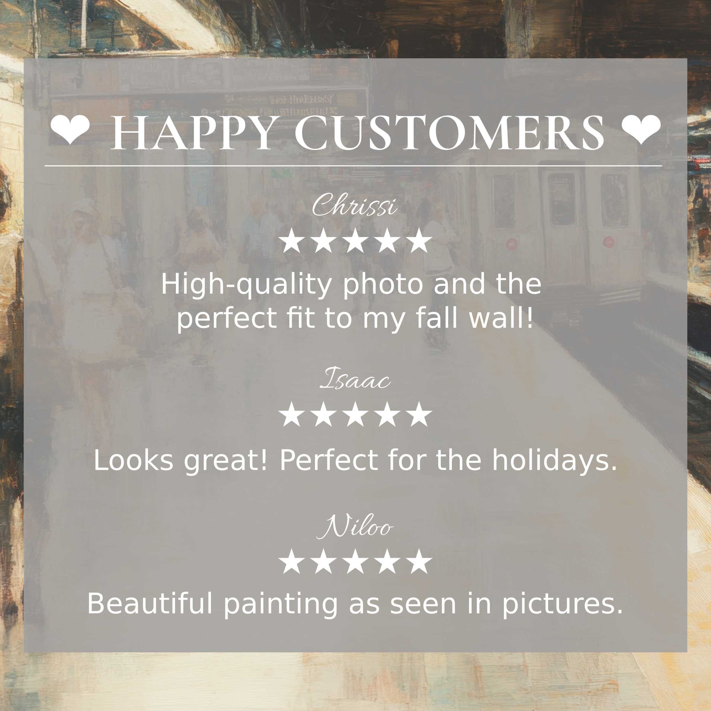 Urban art for Frame TV with abstract subway scene; layout builds trust showcasing happy customer reviews