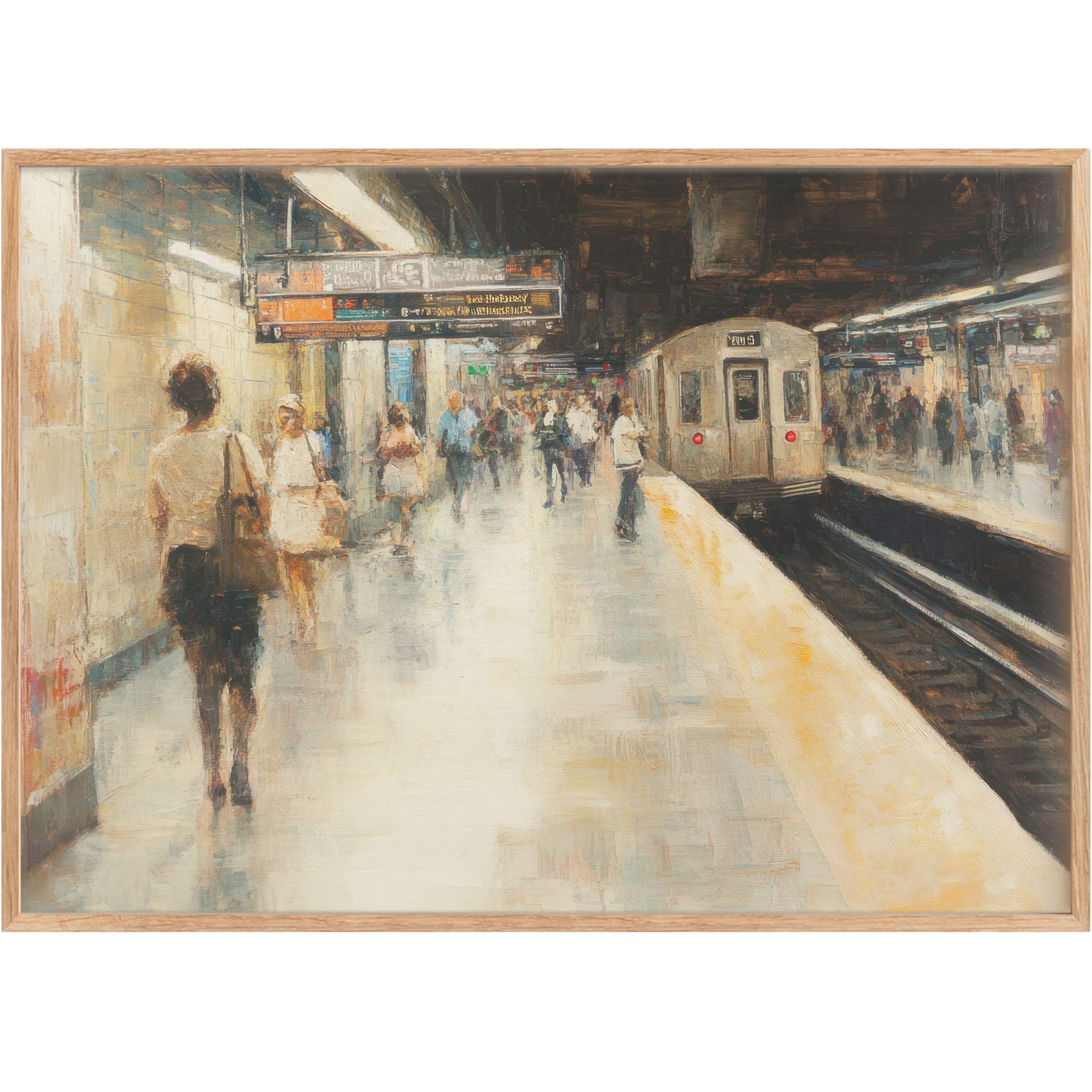 Elegant urban printable wall art capturing a bustling subway scene in muted grays, warm ochres, and soft blues, evoking a reflective, dynamic city vibe