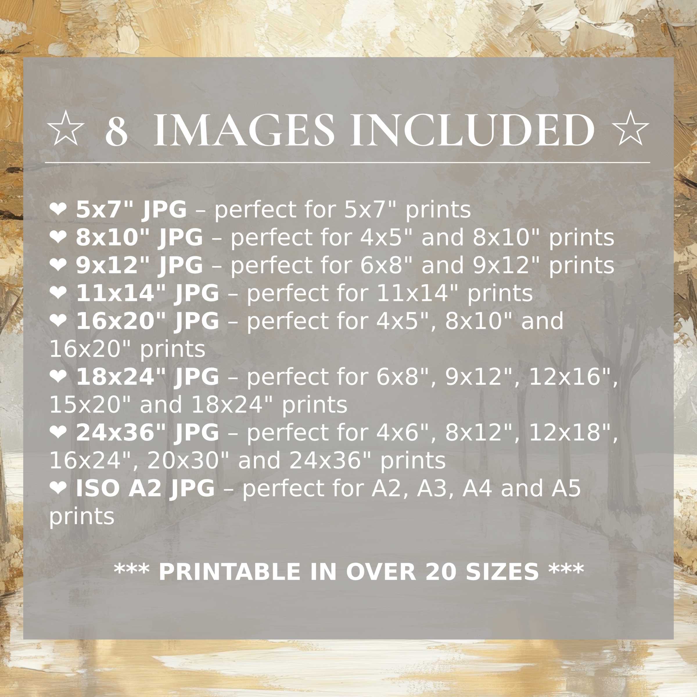 Print size guide showing 8 included JPG formats for versatile wall art printing – perfect for framing in popular sizes from 5x7 to 24x36 and A2