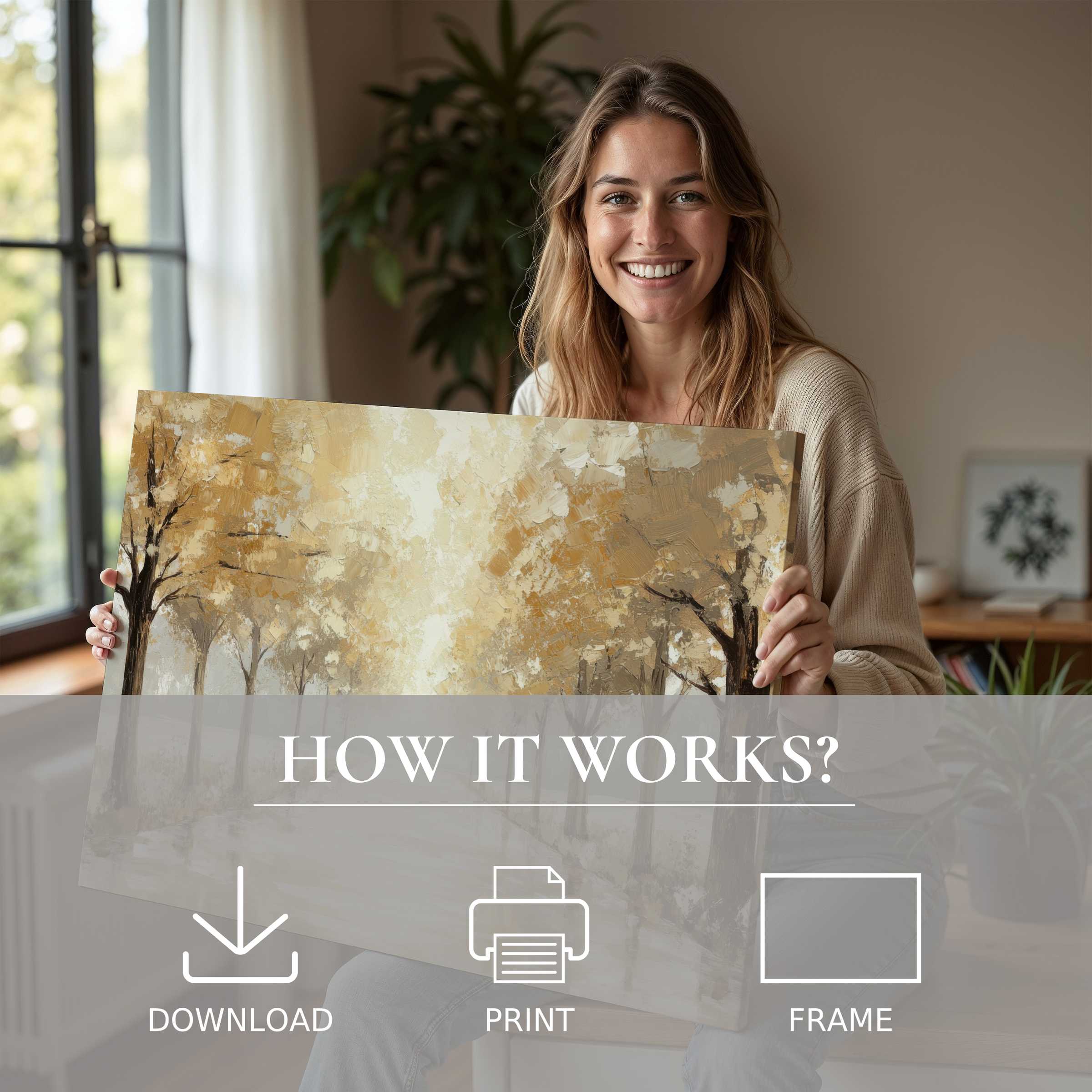 A joyful moment in a stylish home, embracing the warmth and serenity of a tree digital art print's earthy elegance