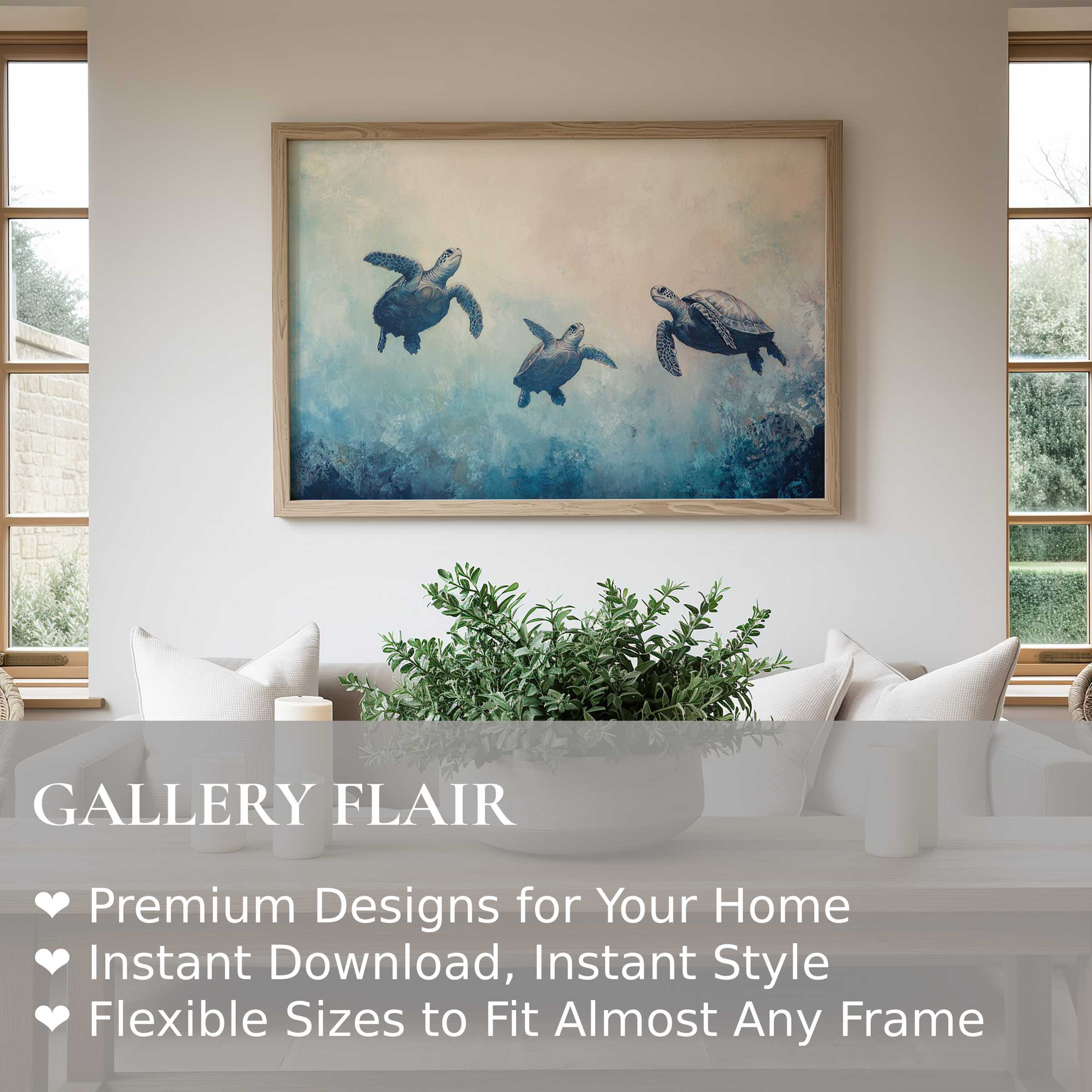 Calming beach wall art print featuring serene sea turtles in soft blues, enhancing modern coastal interiors with tranquil, natural elegance