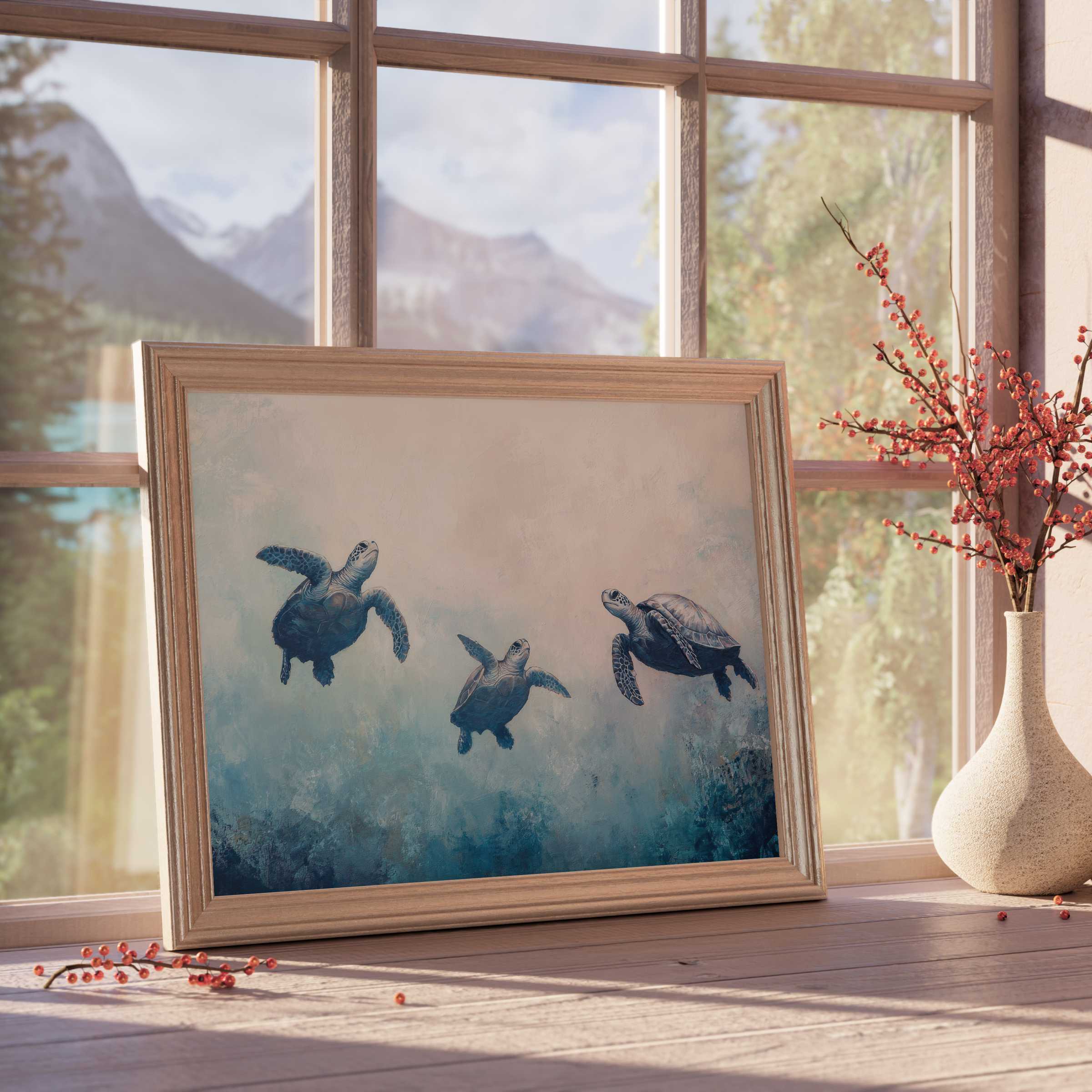 Graceful sea turtles glide through serene ocean hues in this beach downloadable art, elevating tranquil, curated interiors with coastal elegance and soothing marine charm