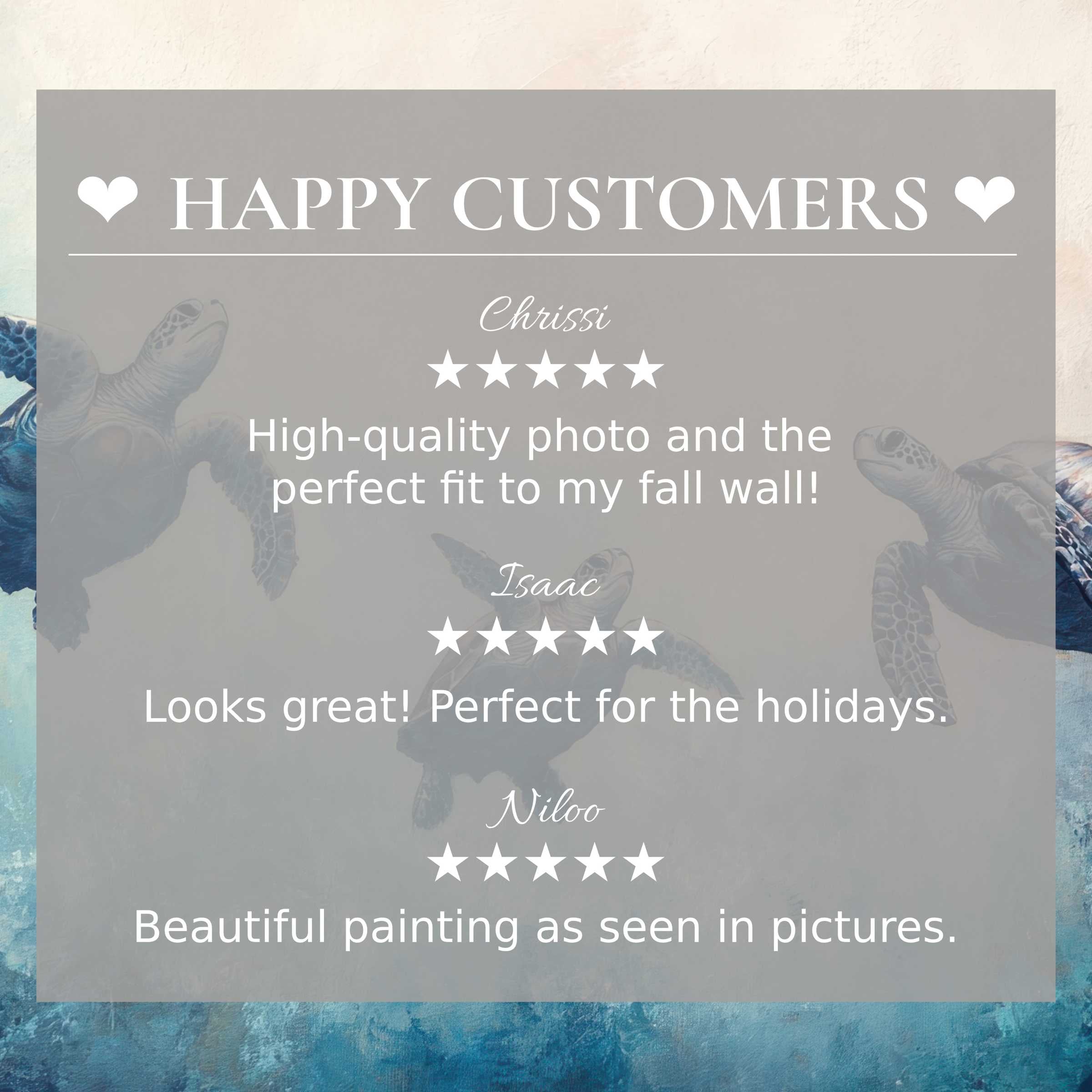Elegant beach art for Frame TV with abstract ocean hues and turtles; happy customer reviews build trust and style appeal