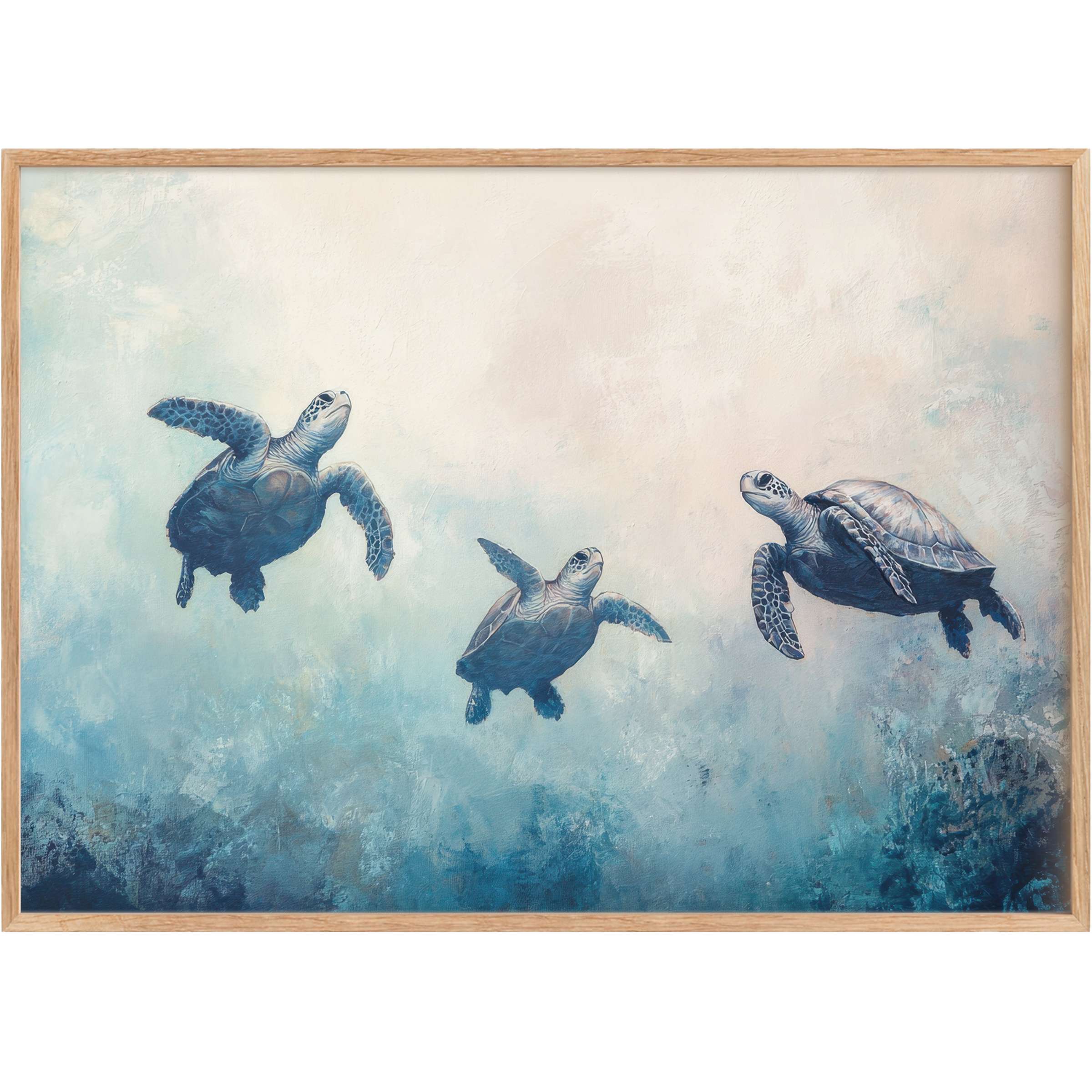 Graceful sea turtles glide through serene blues and soft neutrals, infusing calm and elegance into beach printable wall art
